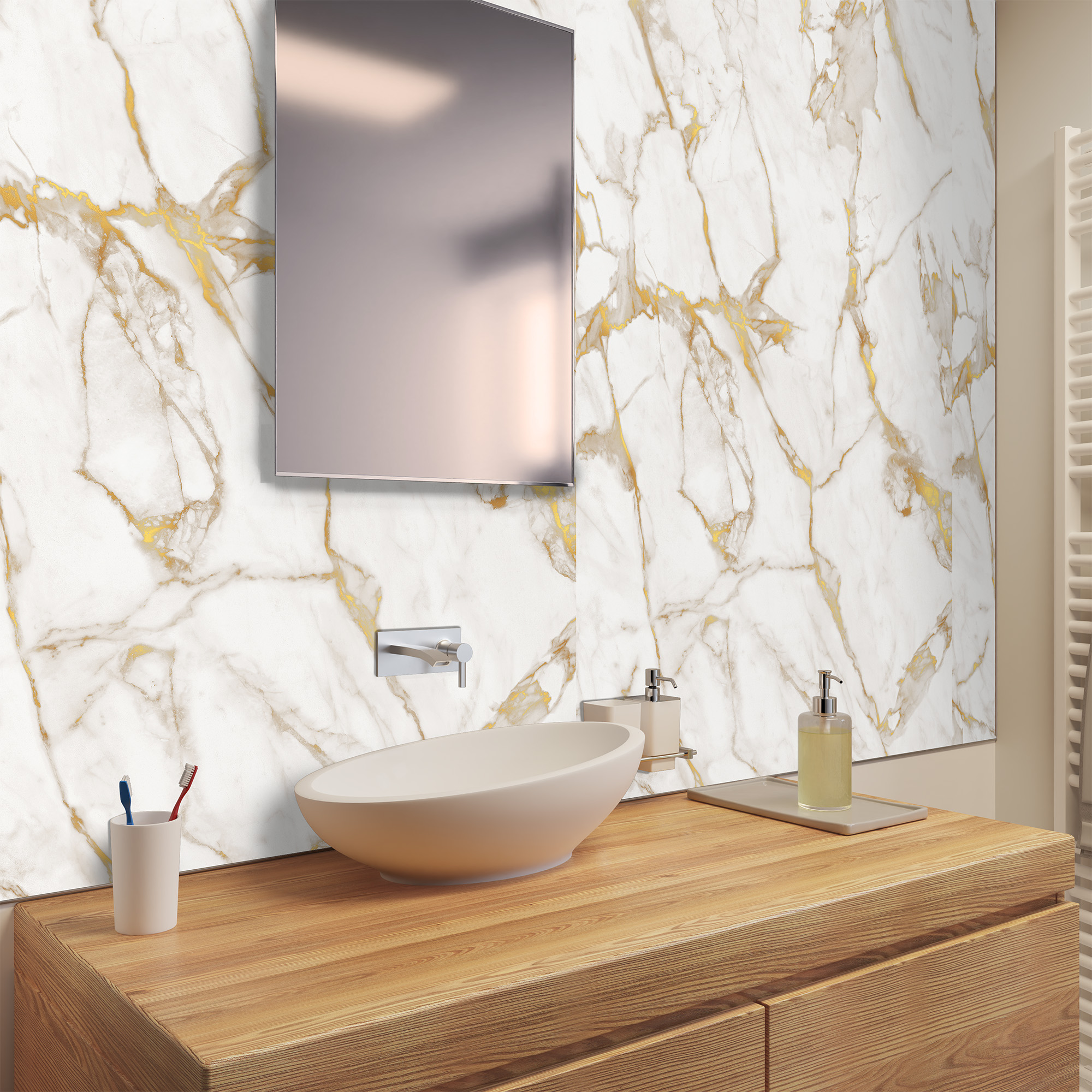 Duschrückwand Seidenmatt Marmor Weiß-Gold Waschtisch