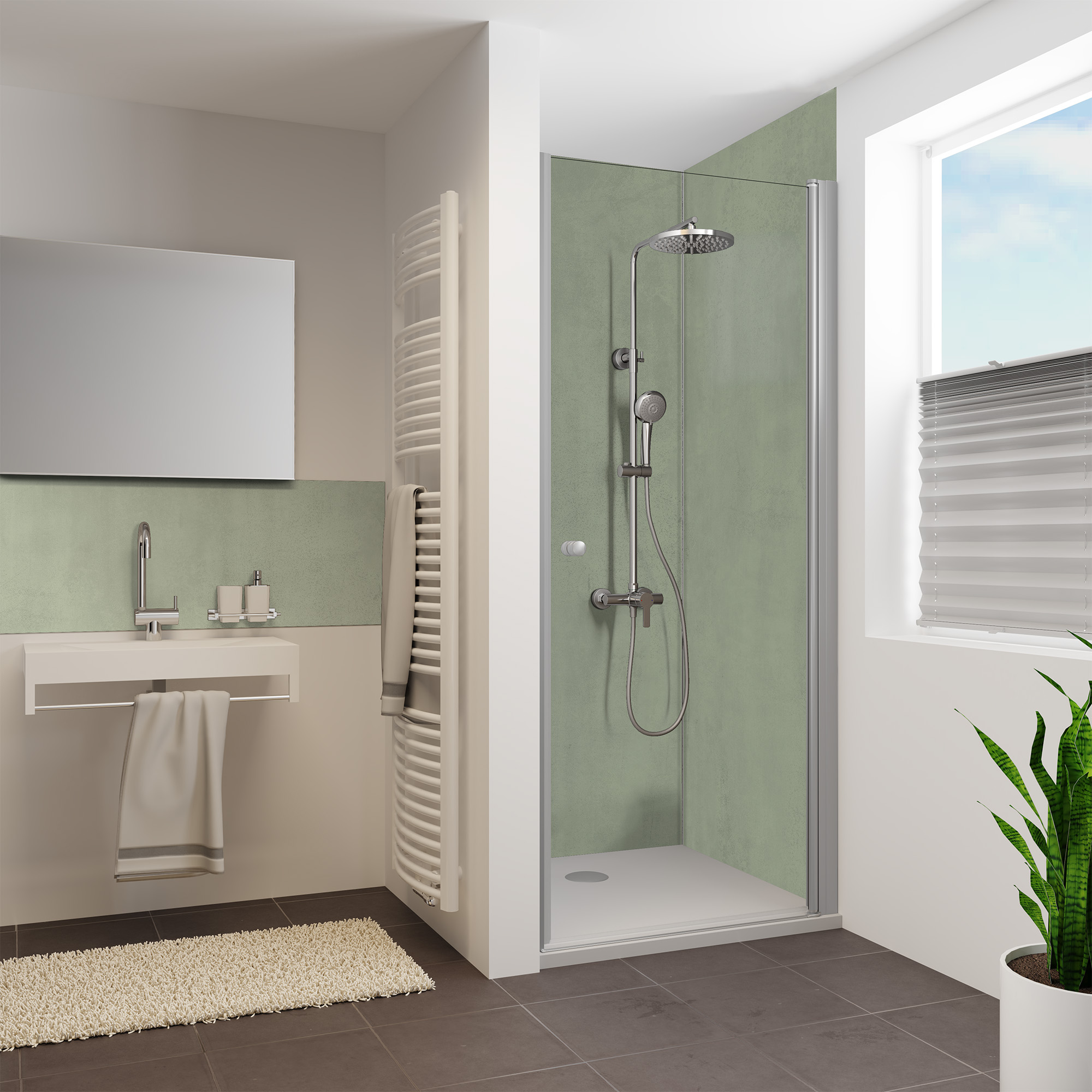 Duschrückwand Steinstruktur Beton Optik Olive Nische