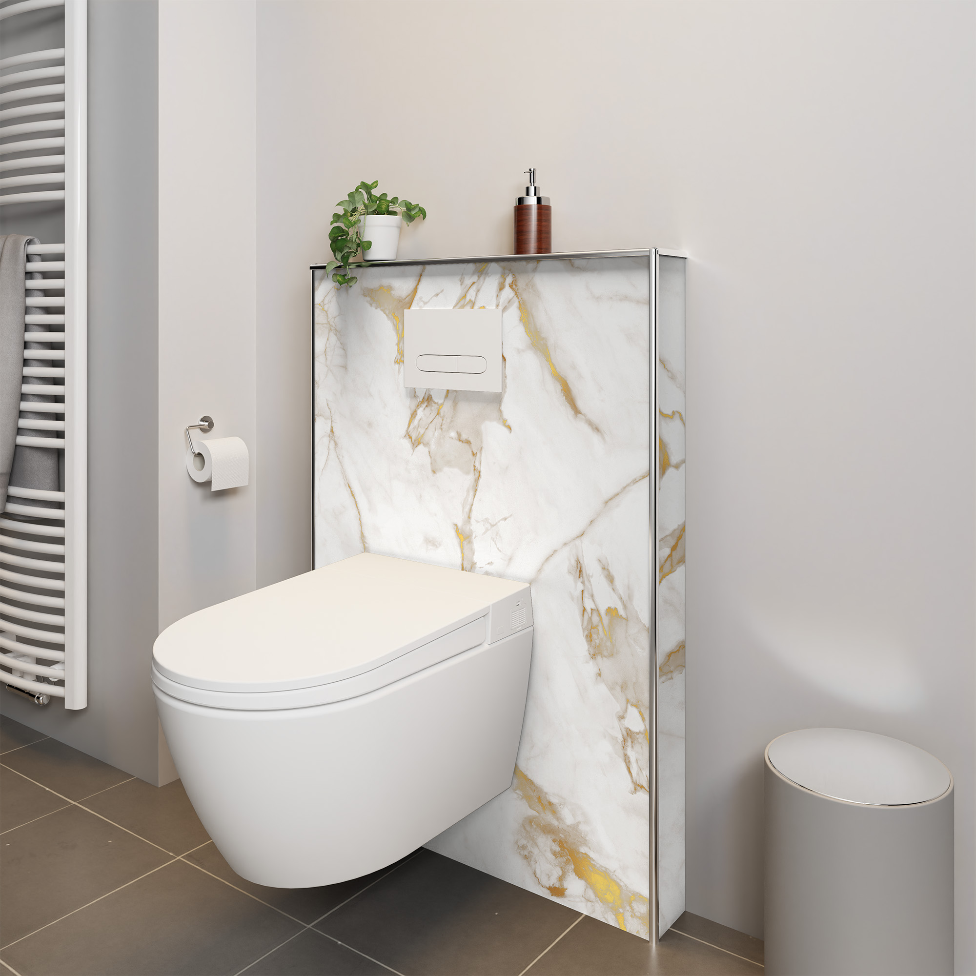 Duschrückwand Seidenmatt Marmor Weiß-Gold Dusch-WC