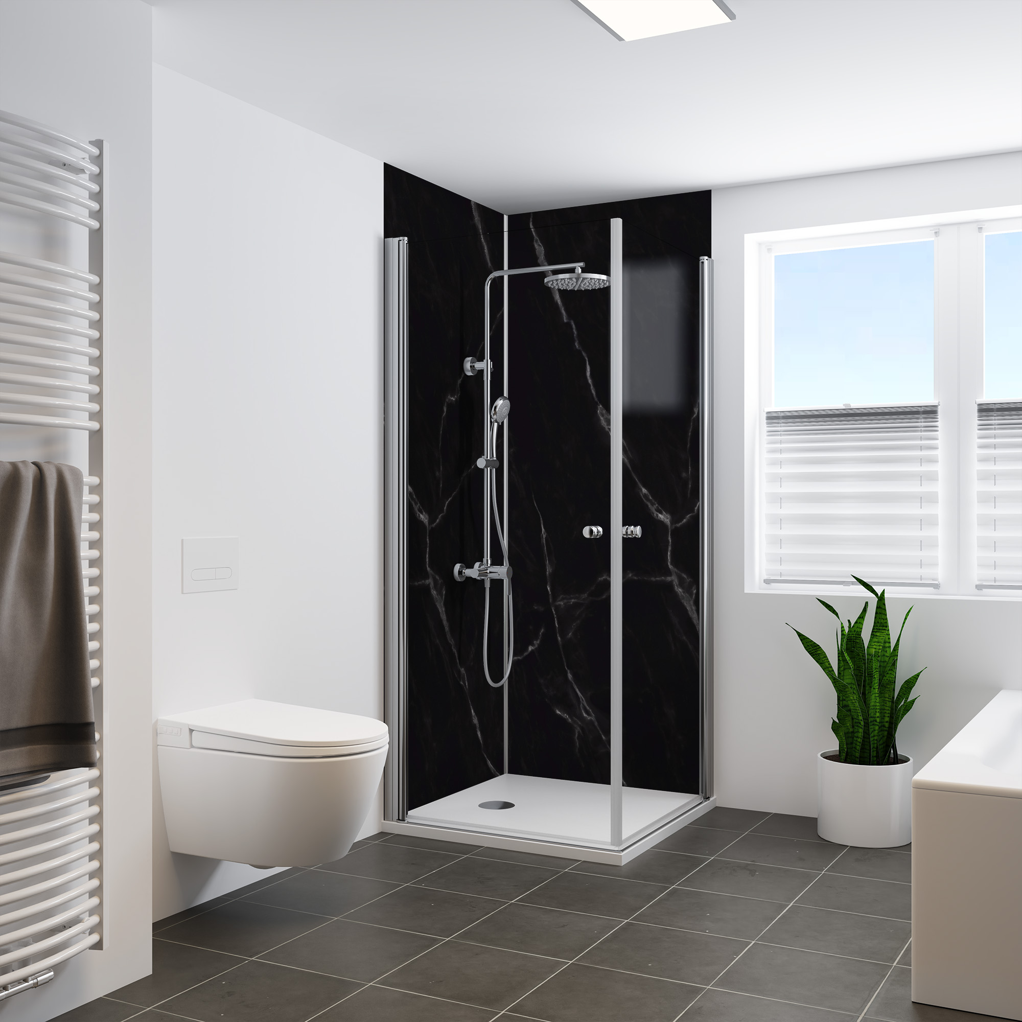 Seidenmatt Marmor schwarz, Dusche in Ecke
