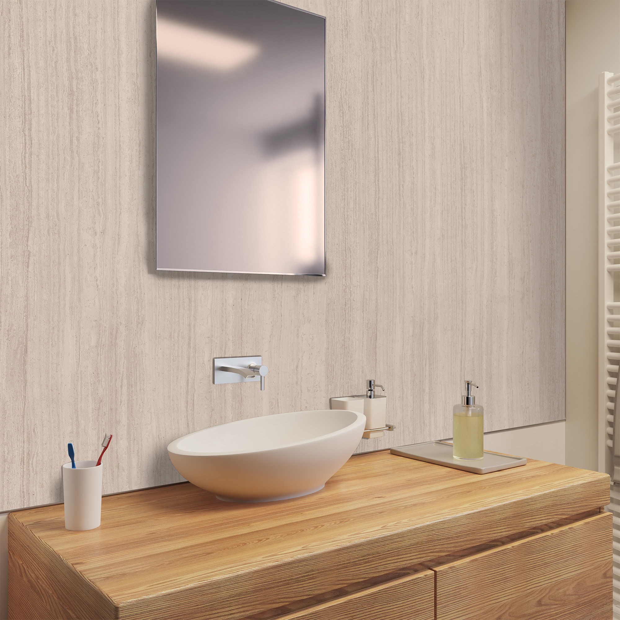 Duschrückwand Steinstruktur Travertin Sand Waschtisch