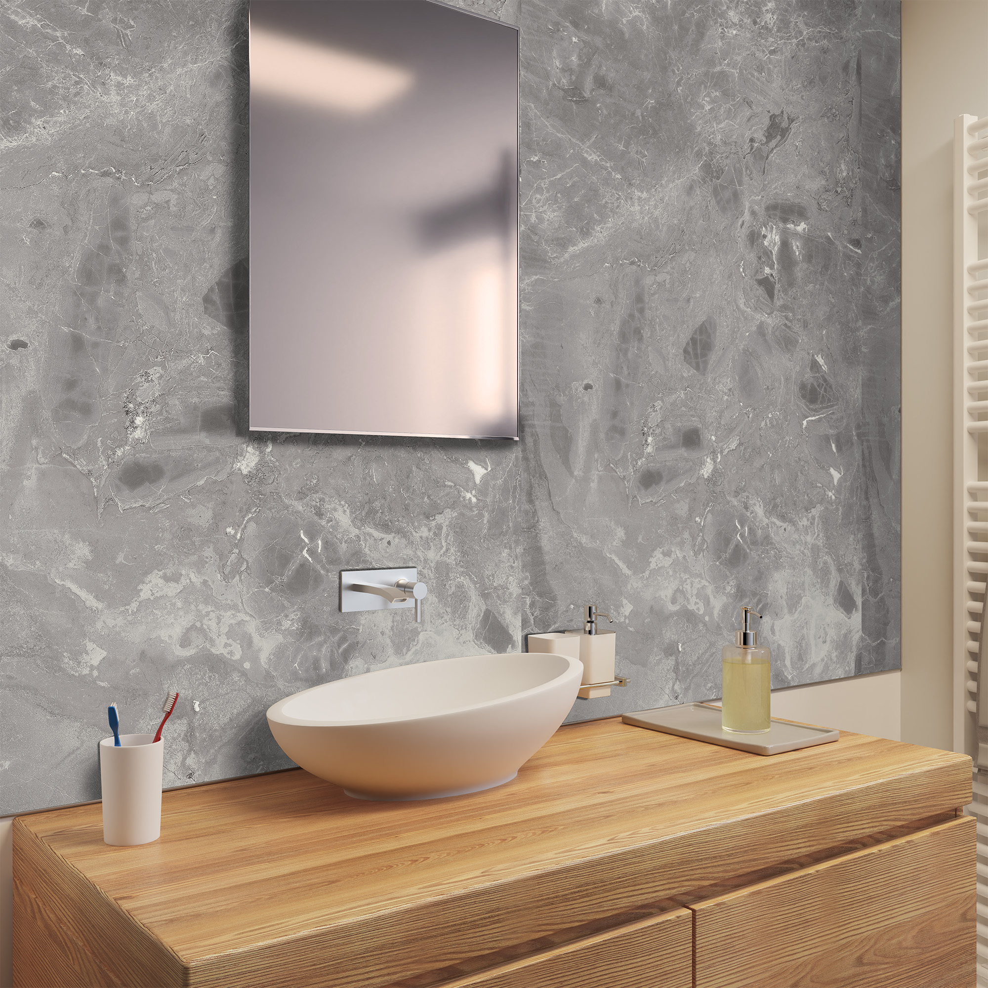 Duschrückwand Seidenmatt Marmor Sicilia grau Waschtisch