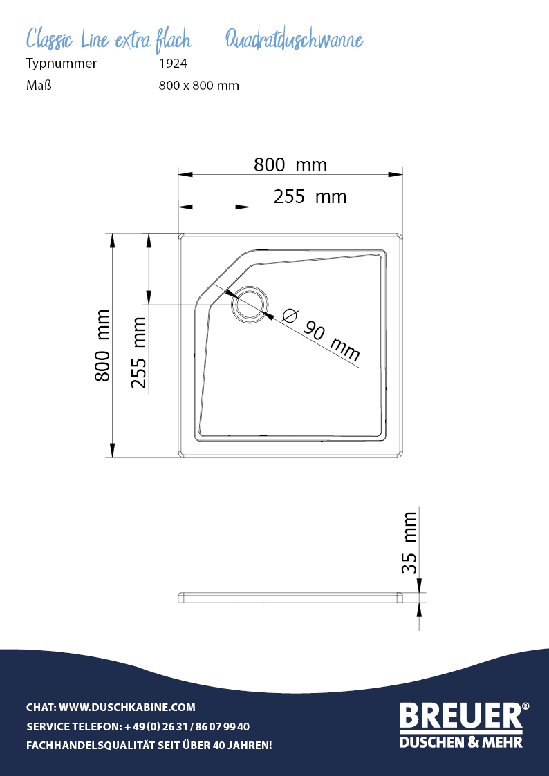 Classic Line extra flach, Quadratduschwanne, Maßzeichnung 800x800 mm