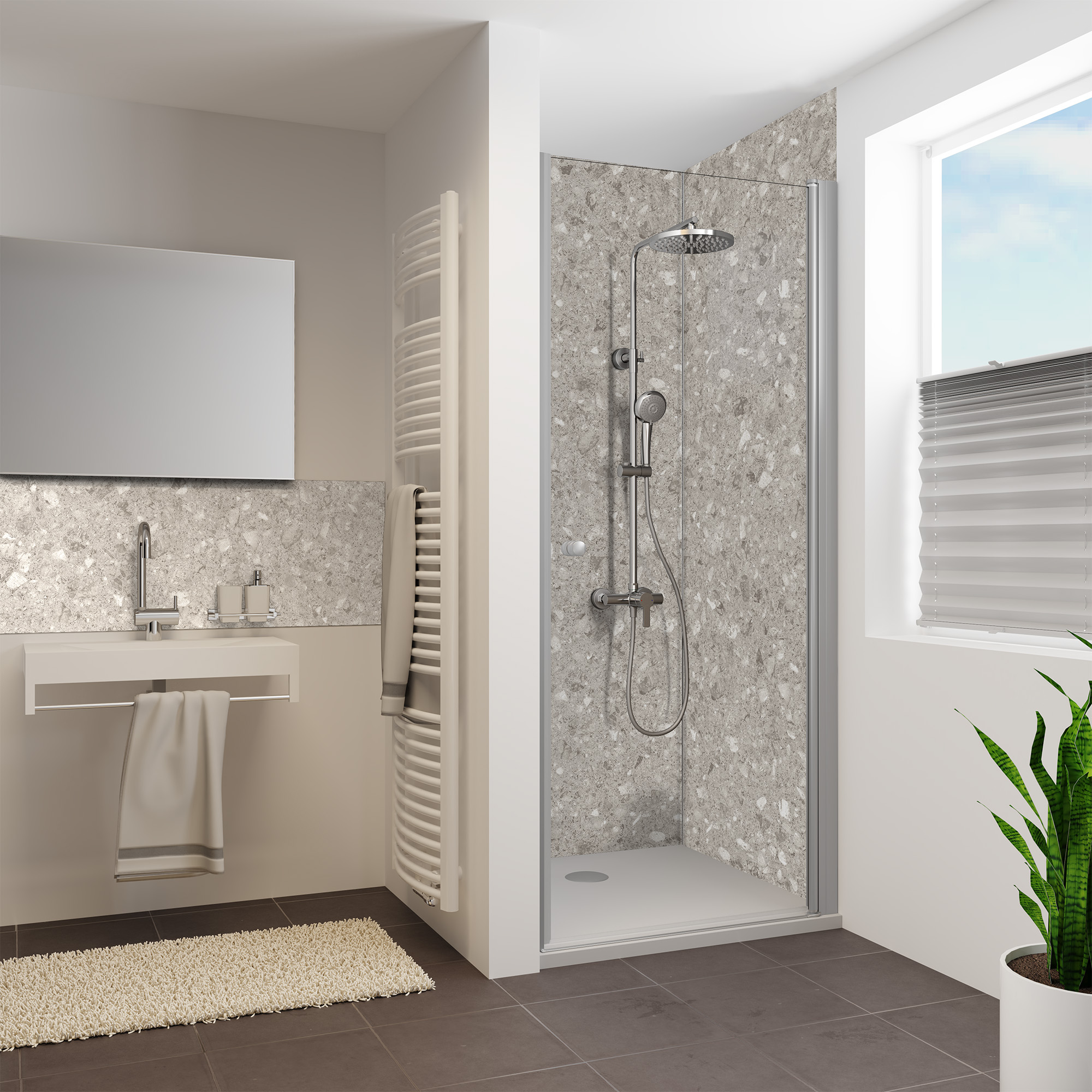 Duschrückwand Seidenmatt Terrazzo Beige Nische