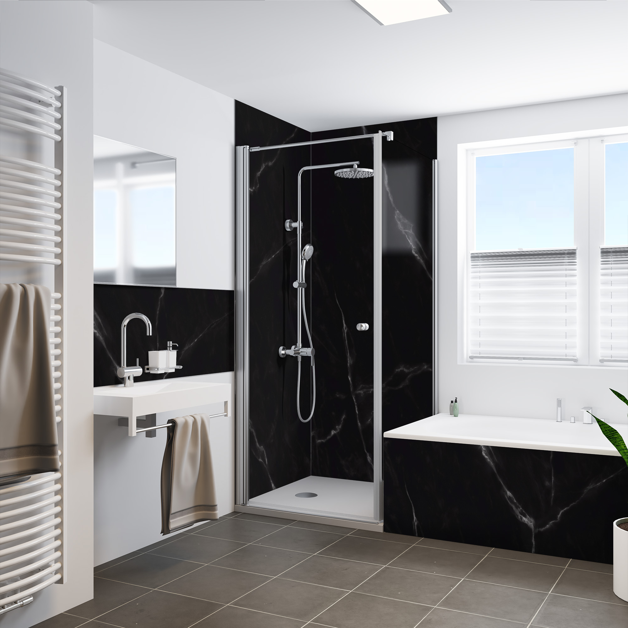 Seidenmatt Marmor schwarz, Dusche mit Badewanne