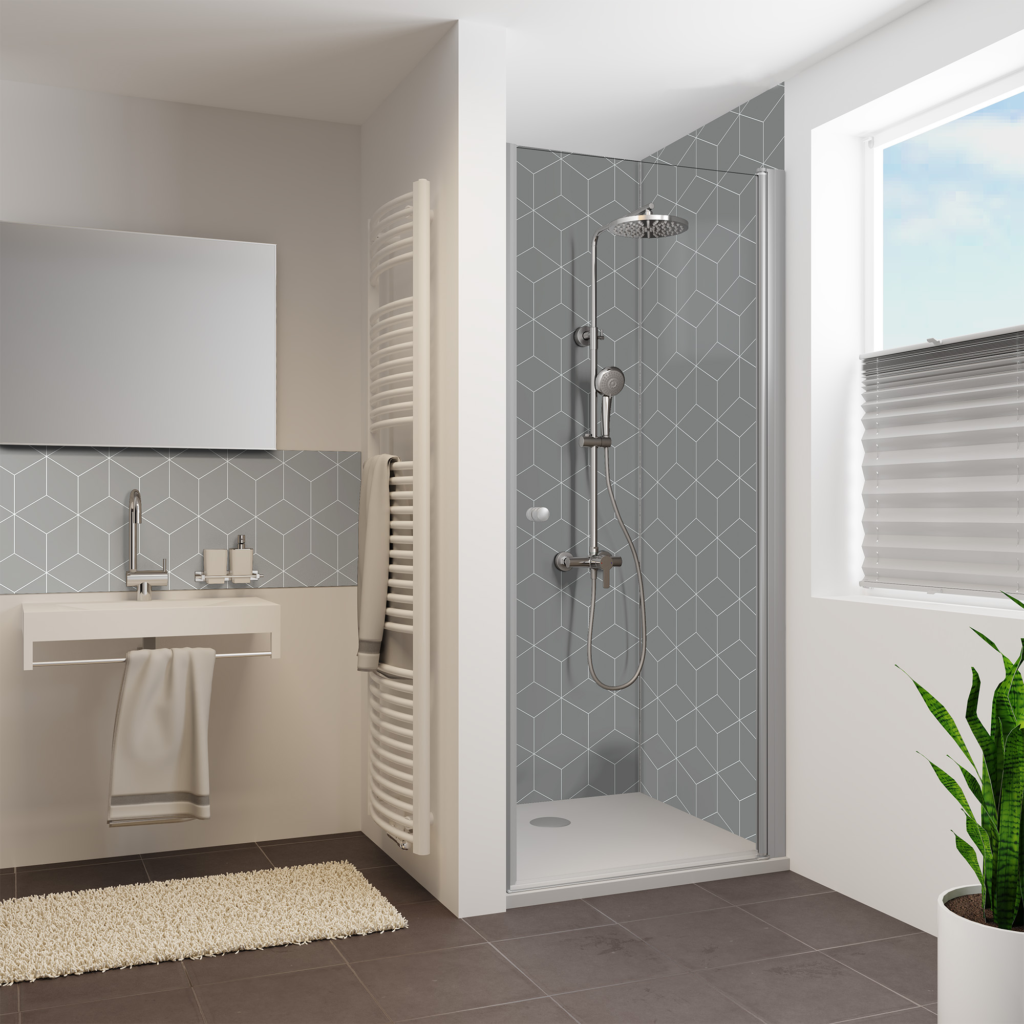 Duschrückwand Seidenmatt Hexagon Grau Nische