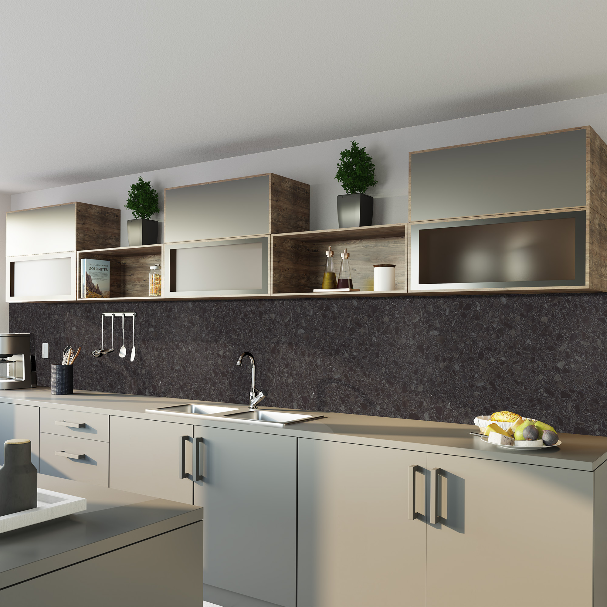 Duschrückwand Seidenmatt Terrazzo Anthrazit Küche