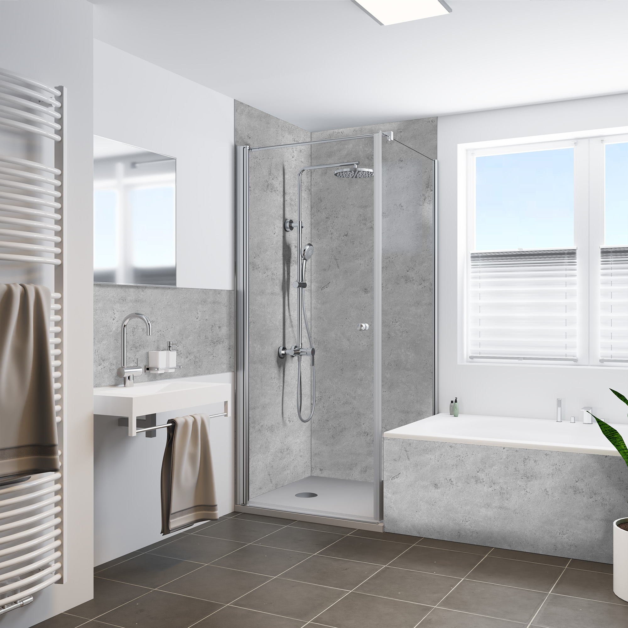 Seidenmatt Marmor Grau, Dusche mit Badewanne