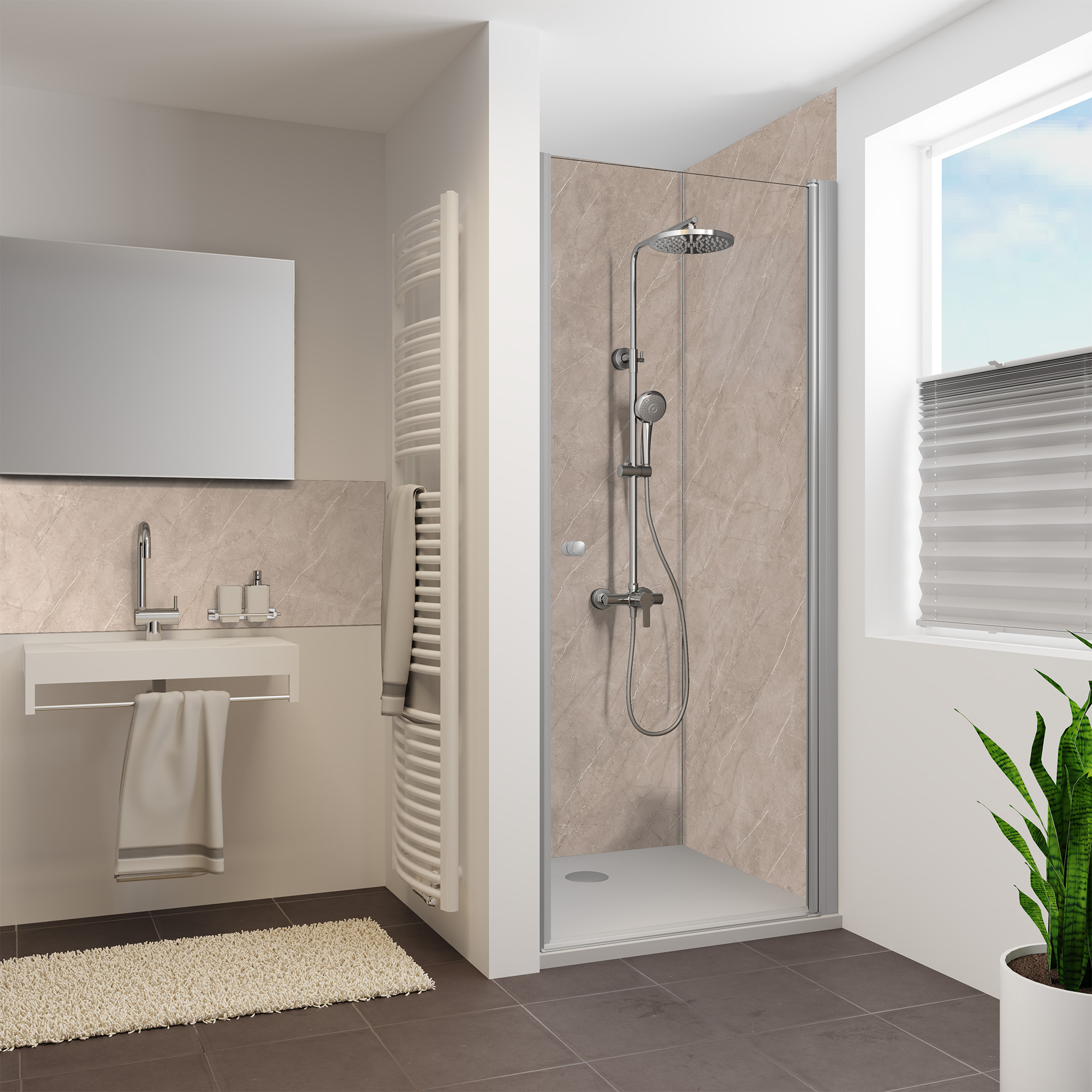 Duschrückwand Seidenmatt Stein Greige Nische