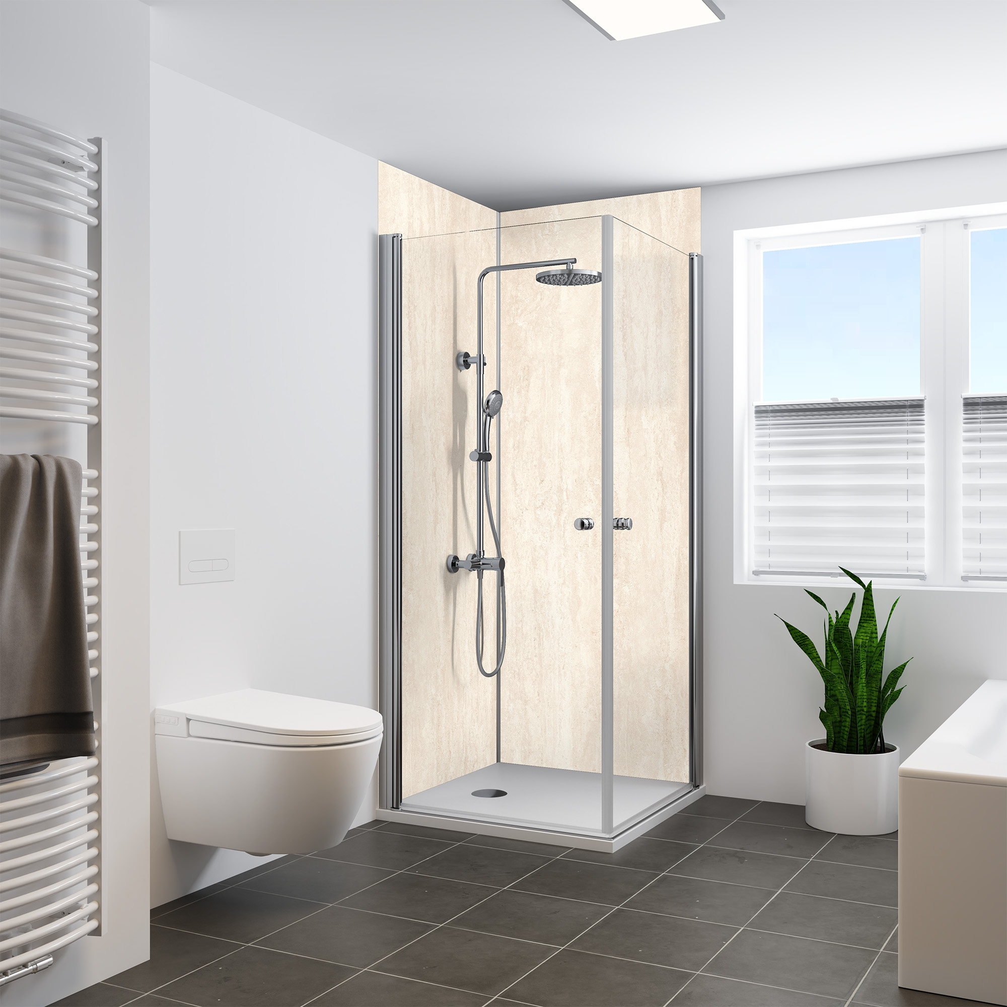 Duschrückwand Steinstruktur Travertin Creme Eckeinstieg