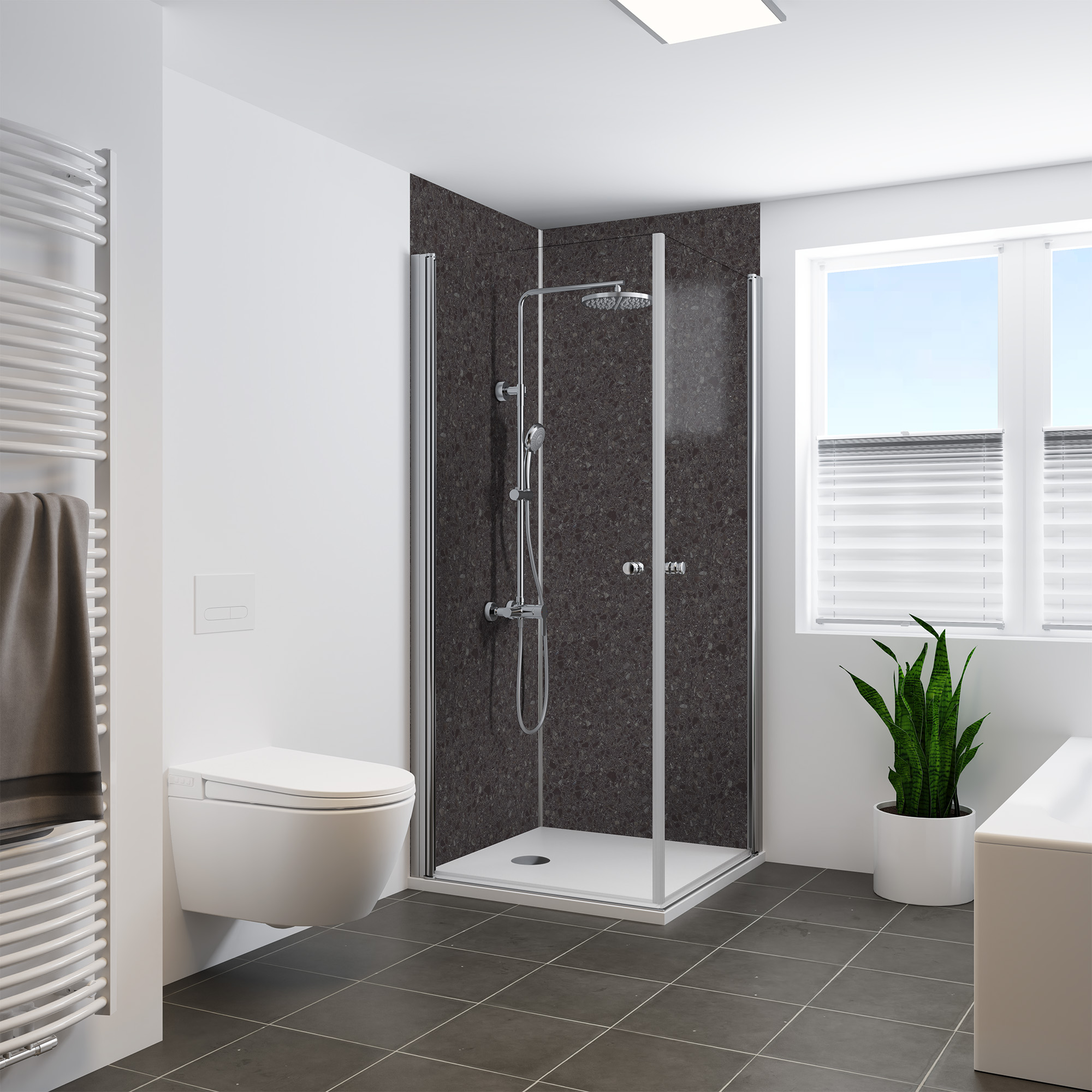 Duschrückwand Seidenmatt Terrazzo Anthrazit Eckeinstieg