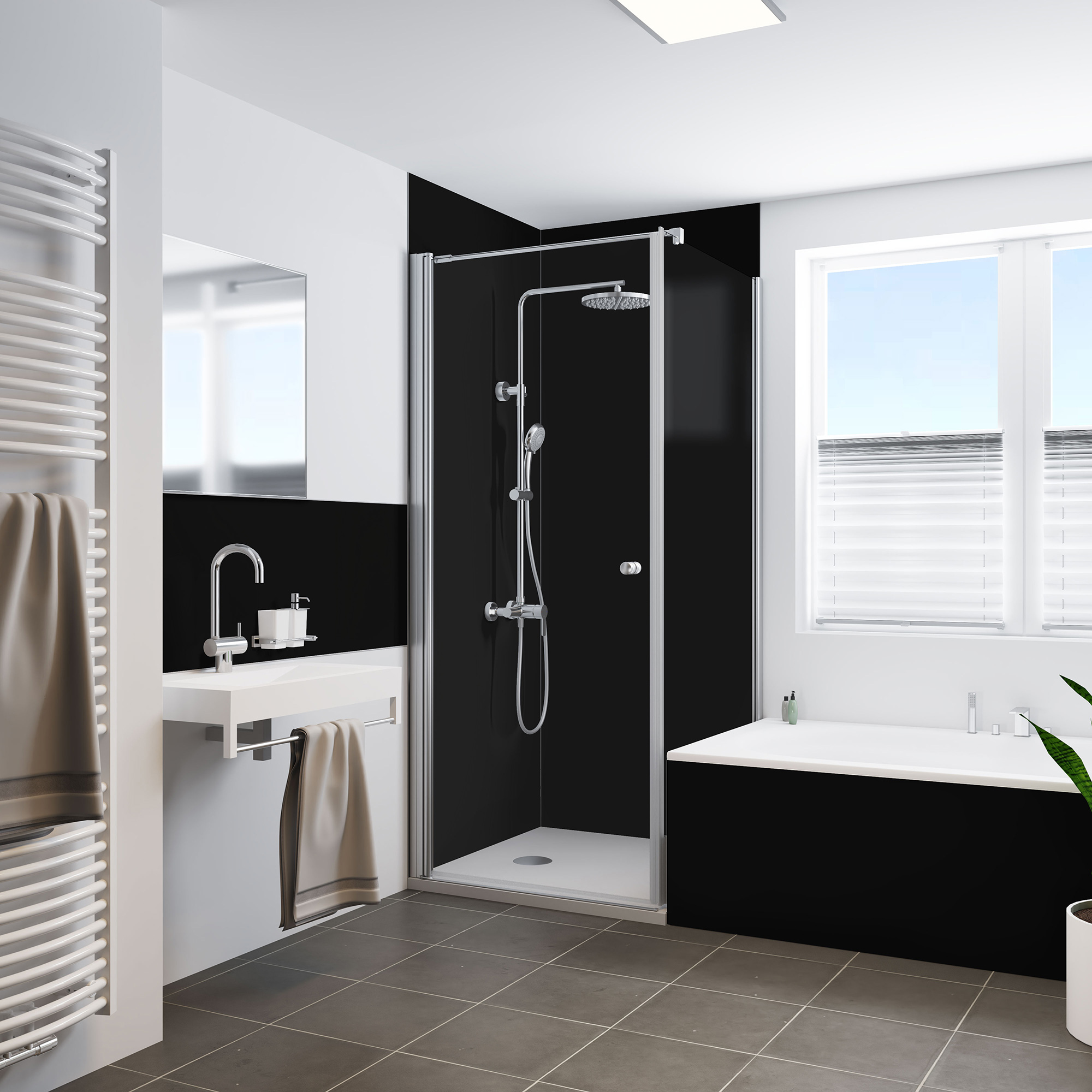 Seidenmatt Schwarz matt, Dusche mit Badewanne