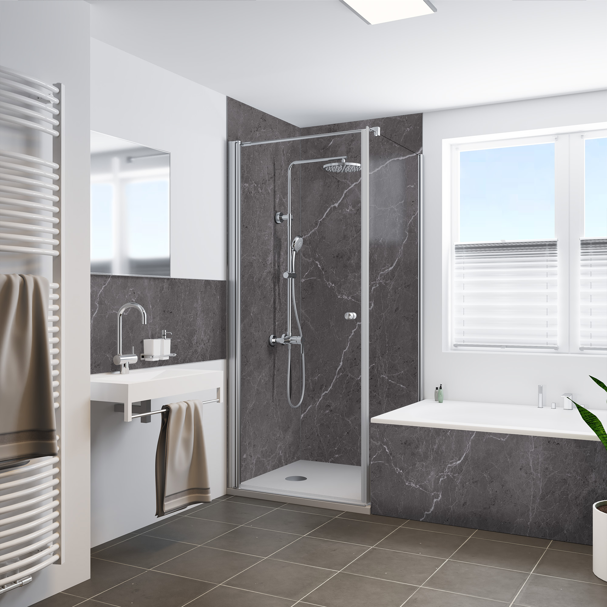 Seidenmatt Marmor Anthrazit-Weiß, Dusche mit Badewanne