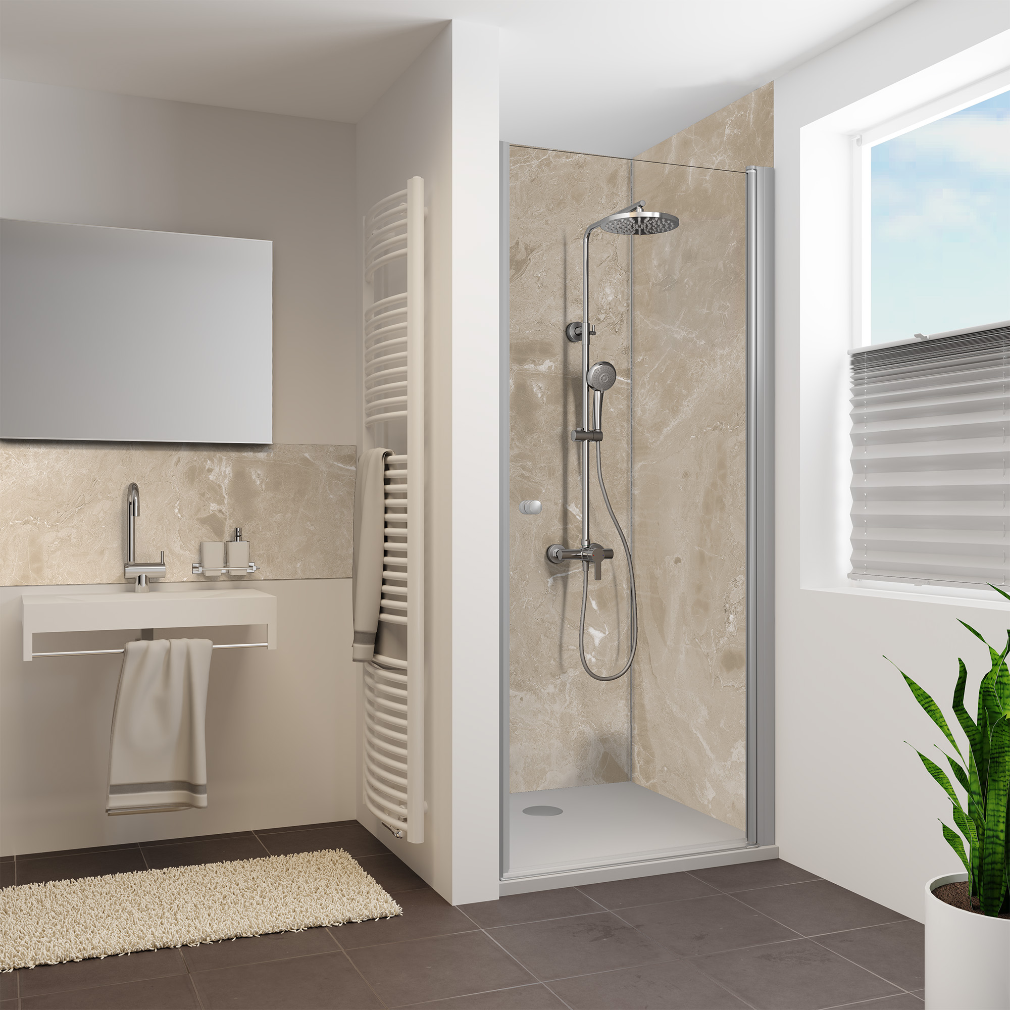 Duschrückwand Seidenmatt Marmor Sicilia Beige Nische