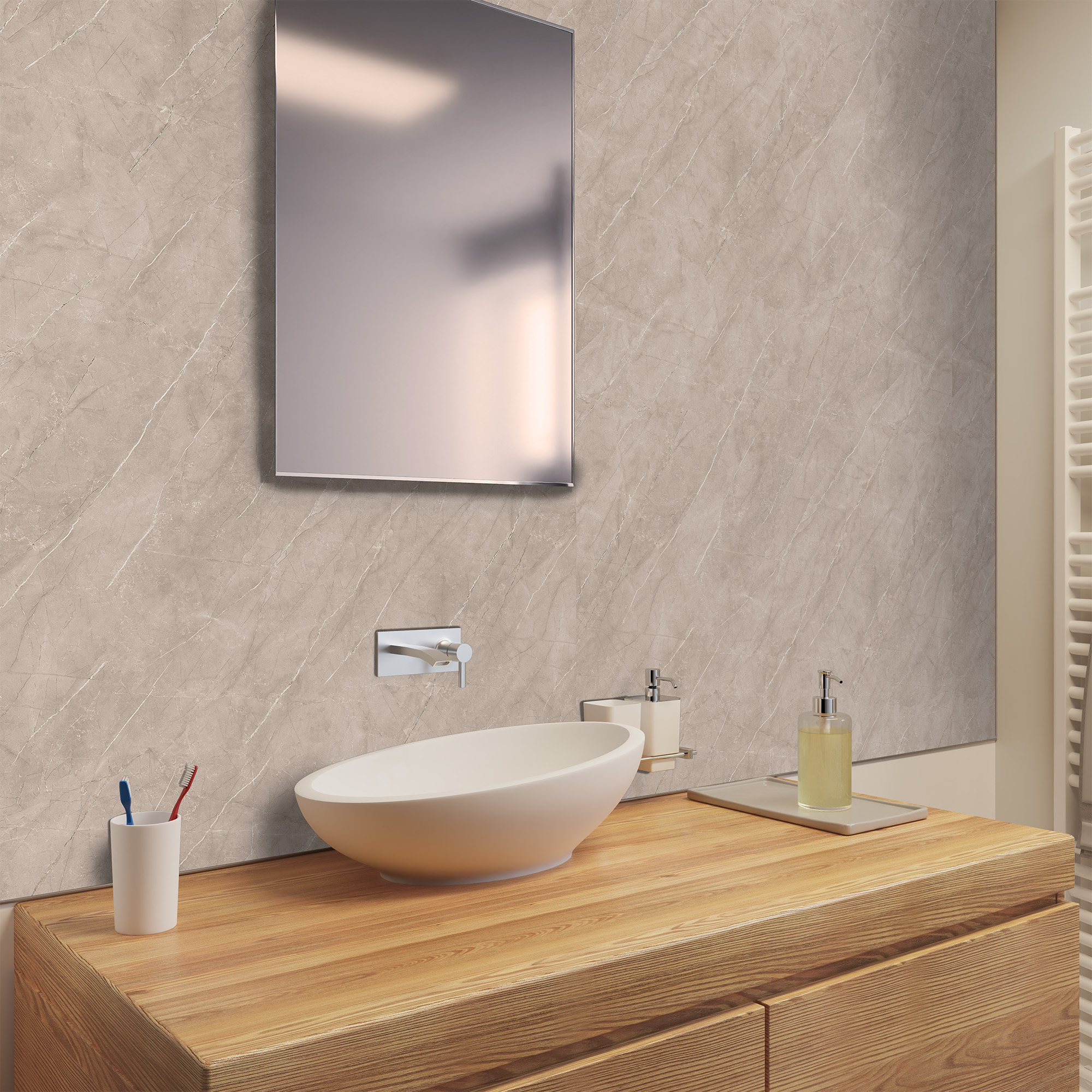 Duschrückwand Seidenmatt Stein Greige Waschtisch