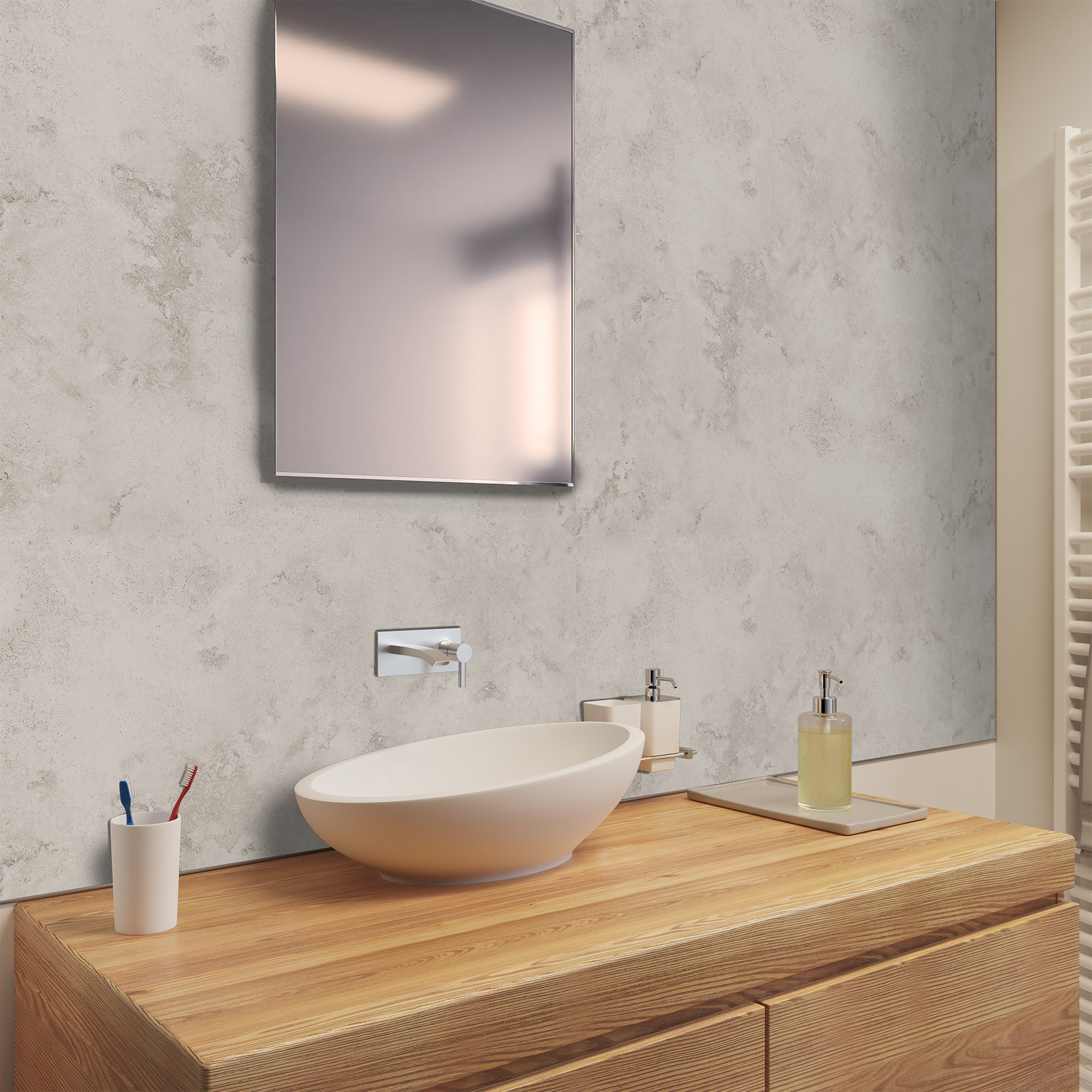 Duschrückwand Steinstruktur Sandstein Greige Waschtisch