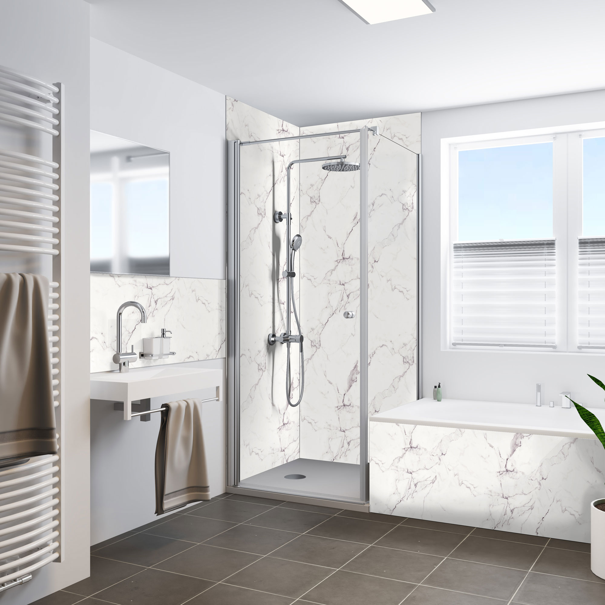 Seidenmatt Marmor Schwarz-Weiß, Dusche mit Badewanne