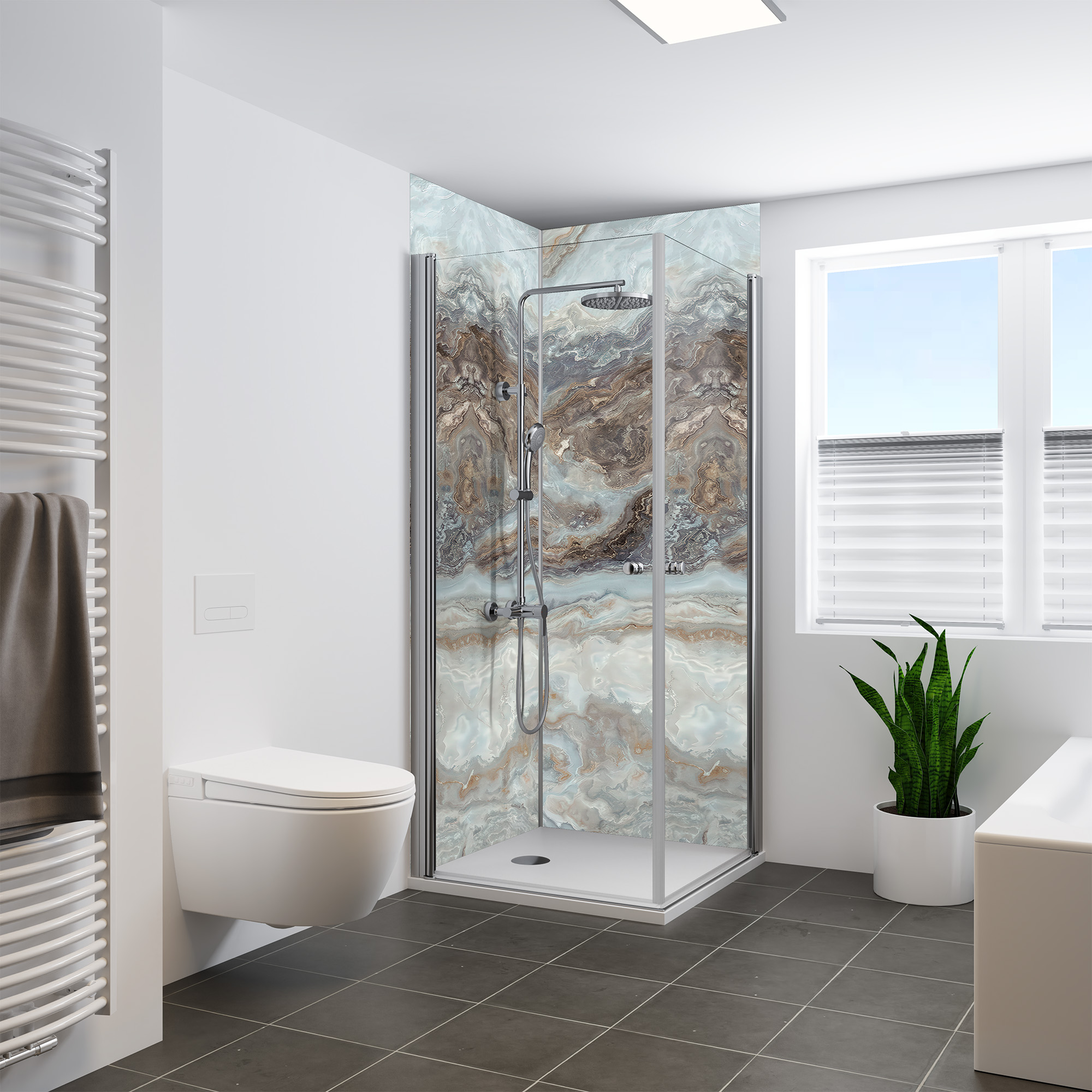 Duschrückwand Seidenmatt Marmor Achat Beige Eckeinstieg