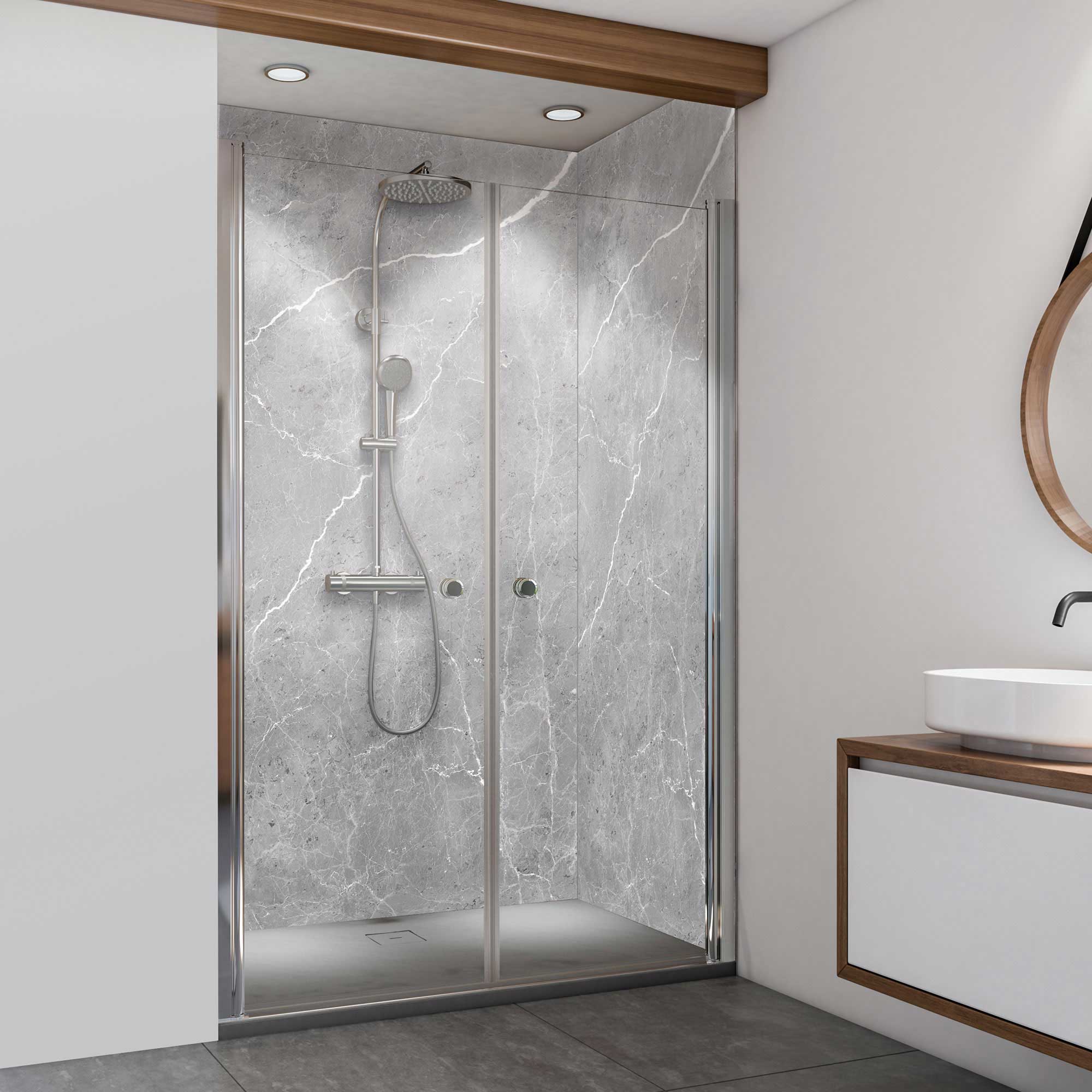 Seidenmatt Marmor Grau-Weiß, Dusche in Nische