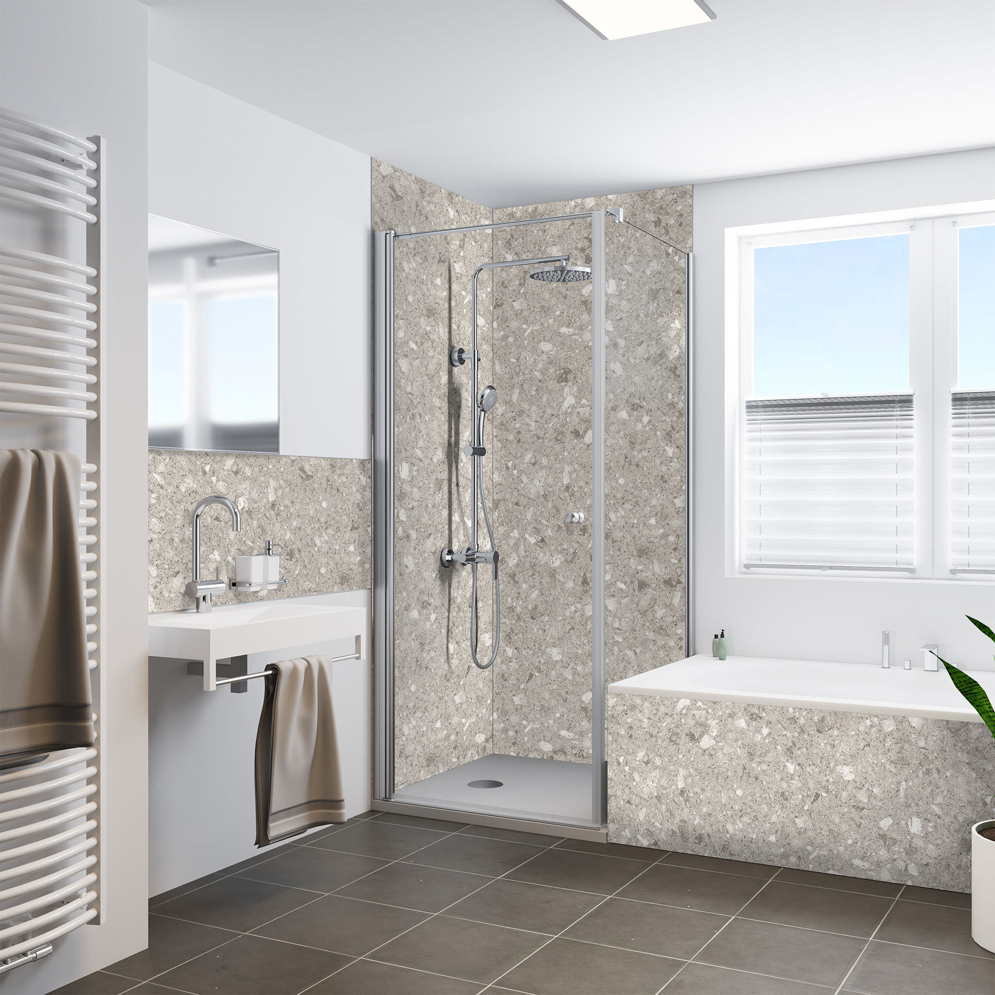 Duschrückwand Seidenmatt Terrazzo Beige Dusche+BSW