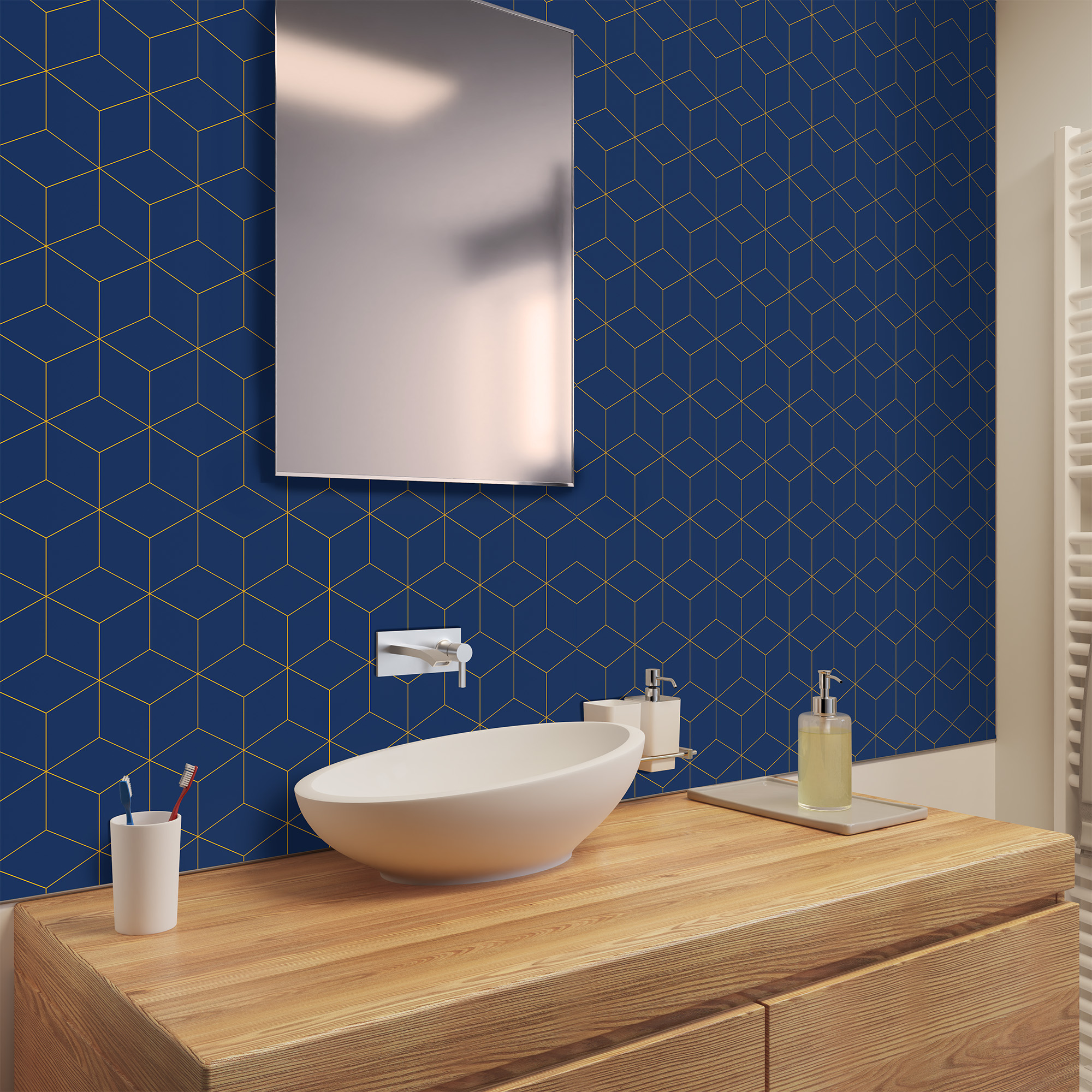 Duschrückwand Seidenmatt Hexagon Blau Waschtisch