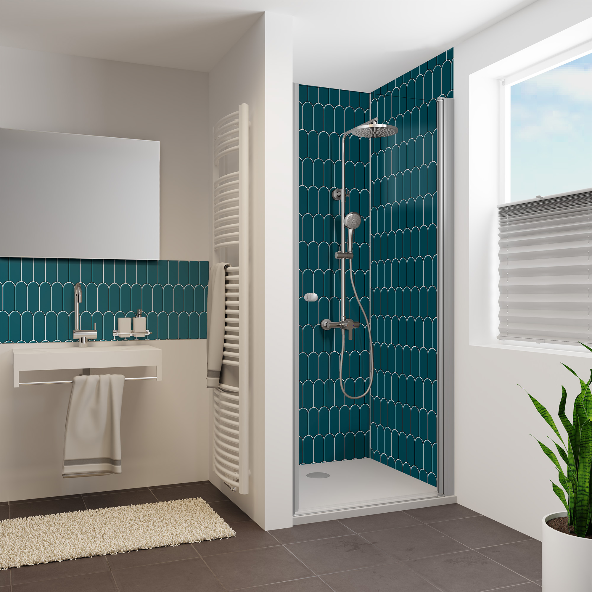 Duschrückwand Hochglanz Bogenmosaik Petrol Nische