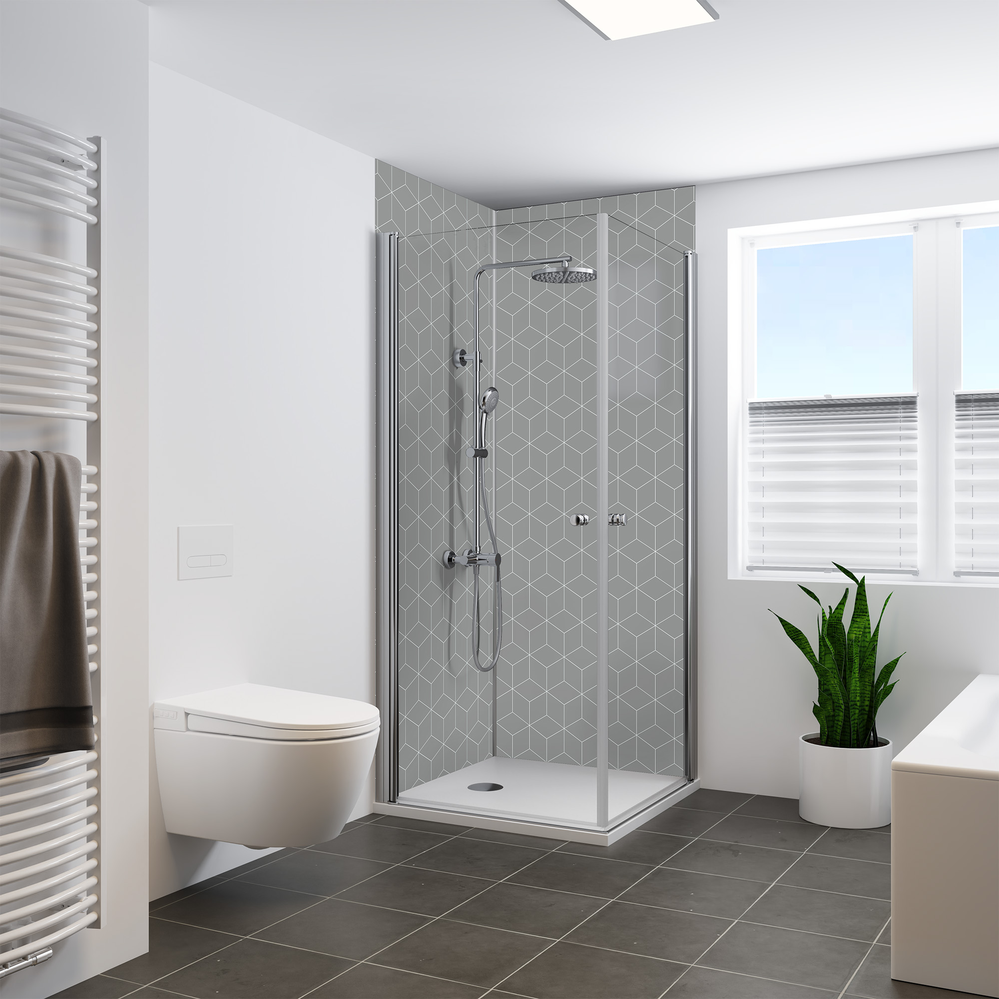 Duschrückwand Seidenmatt Hexagon Grau Eckeinstieg