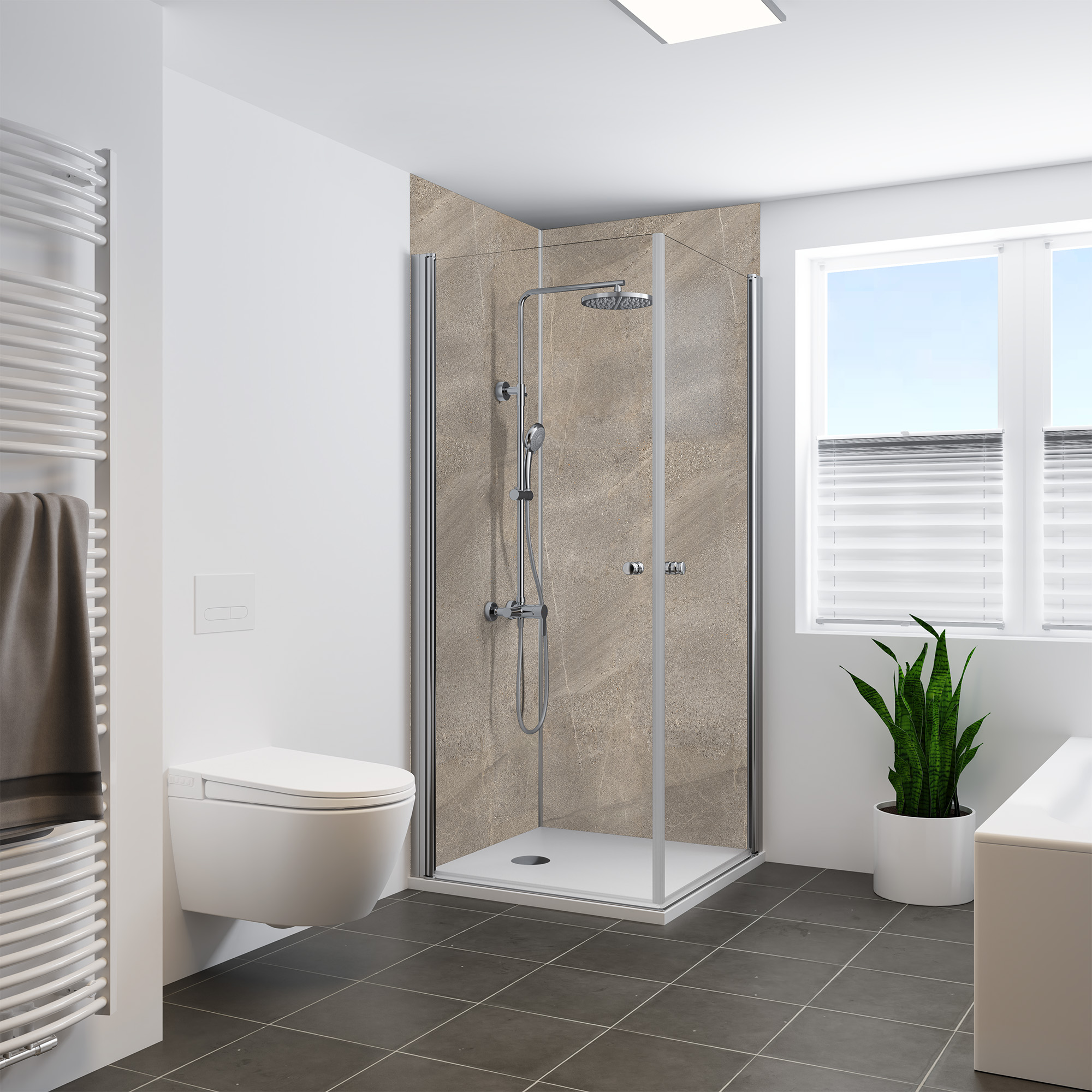 Duschrückwand Steinstruktur Naturstein Kaschmir Eckeinstieg