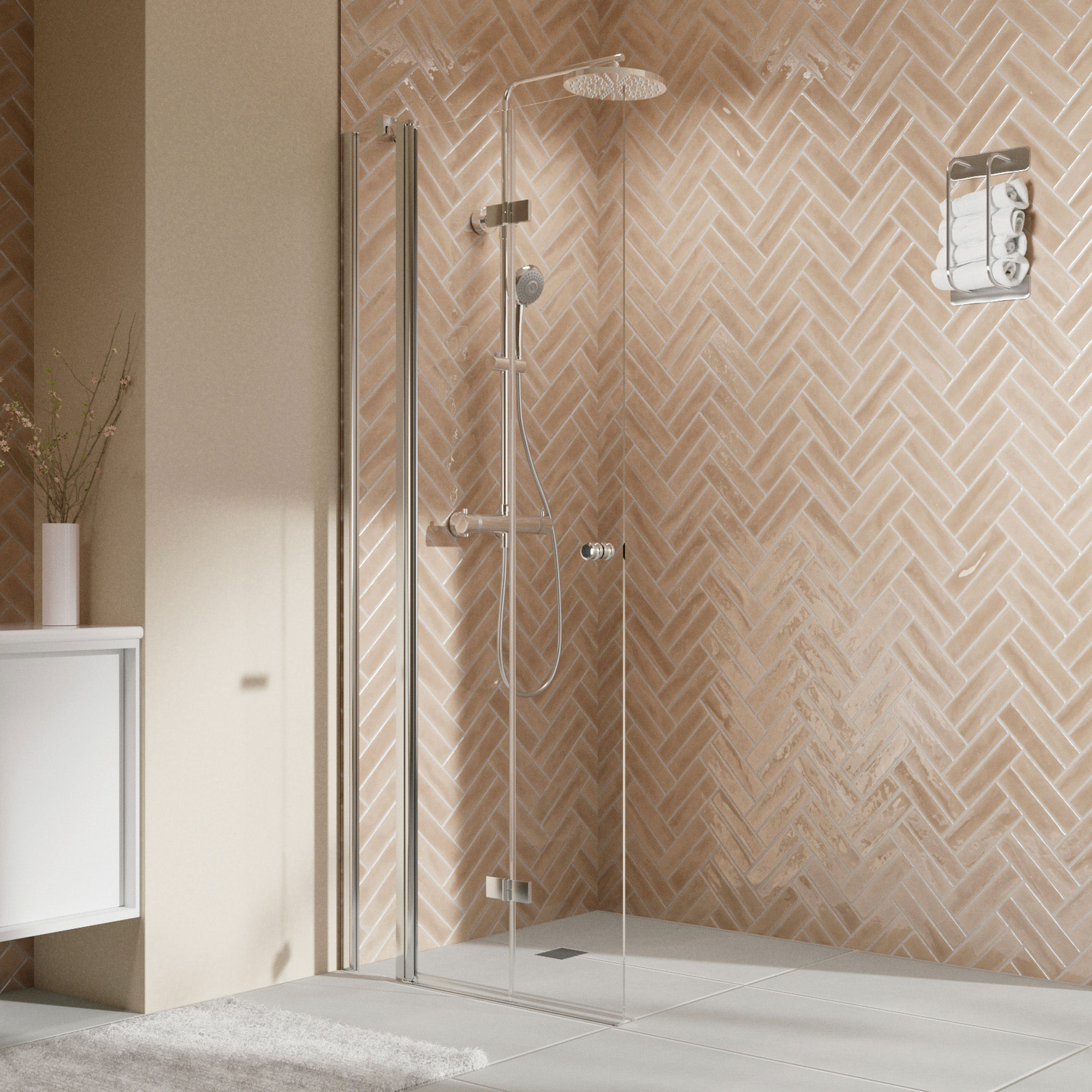 Elana 2.0 rund Walk-In Drehfalttür an Festteil, Anschlag links, alu chromeffekt