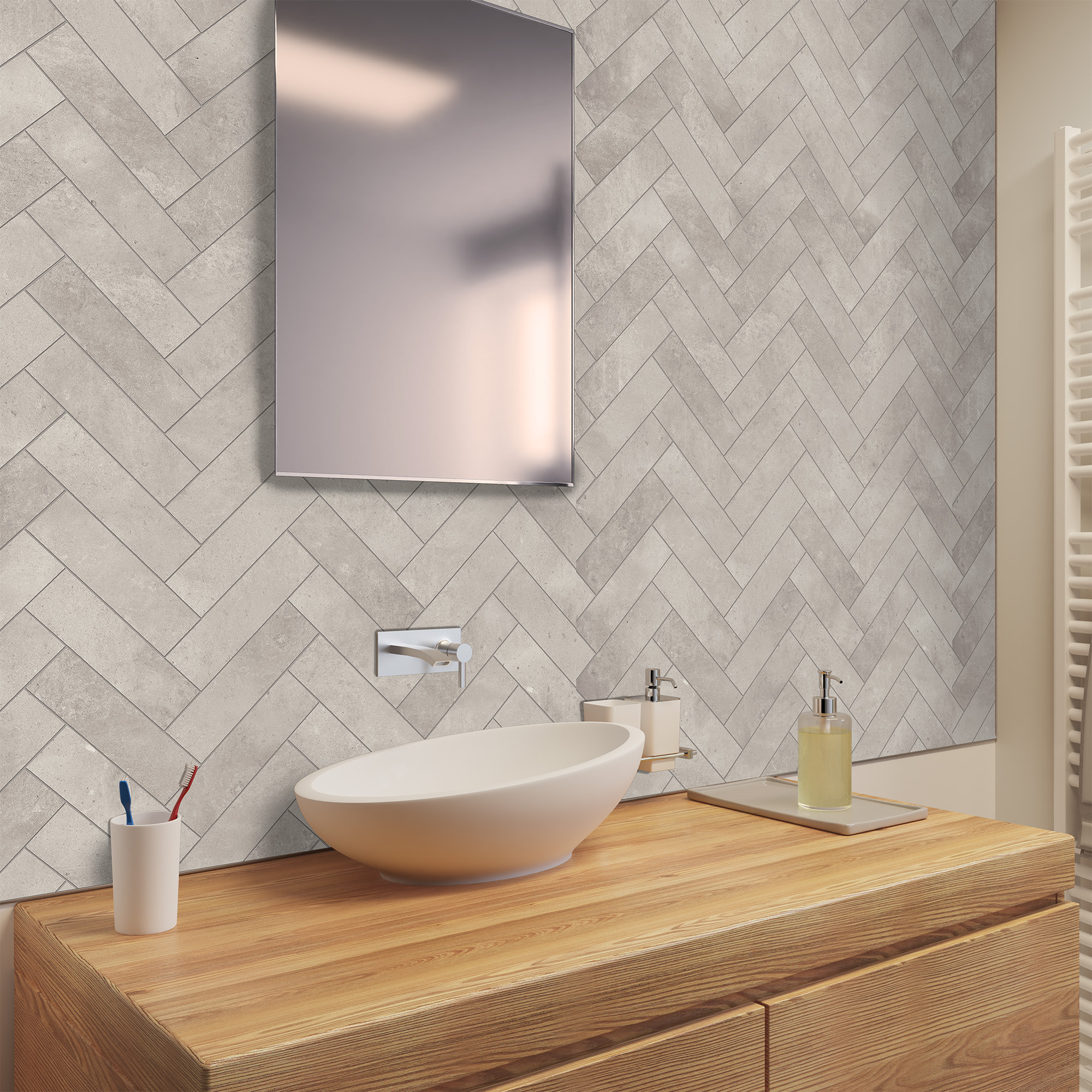 Duschrückwand Seidenmatt Fischgrät Grau Waschtisch