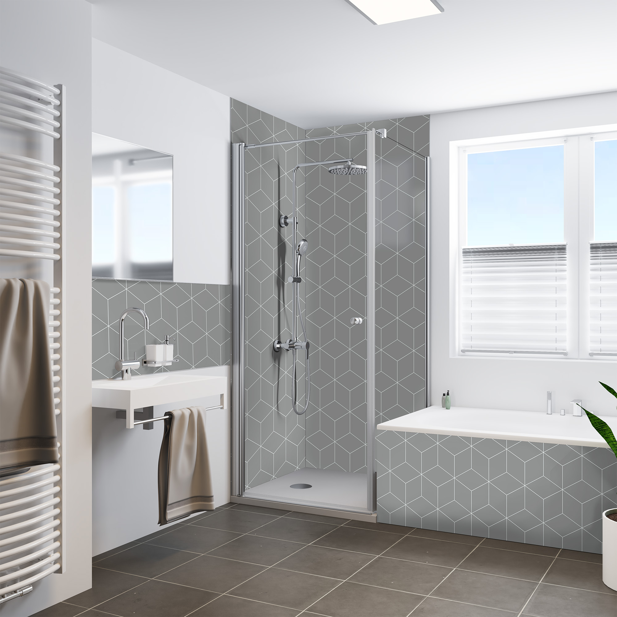 Duschrückwand Seidenmatt Hexagon Grau Dusche+BSW