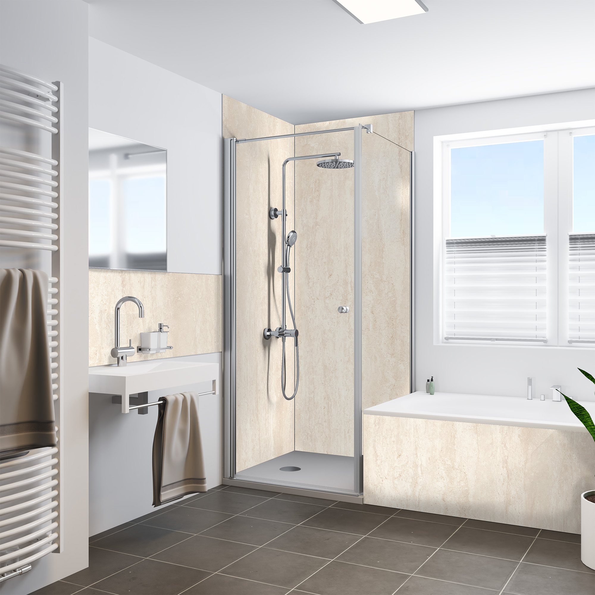 Duschrückwand Steinstruktur Travertin Creme Dusche+BSW