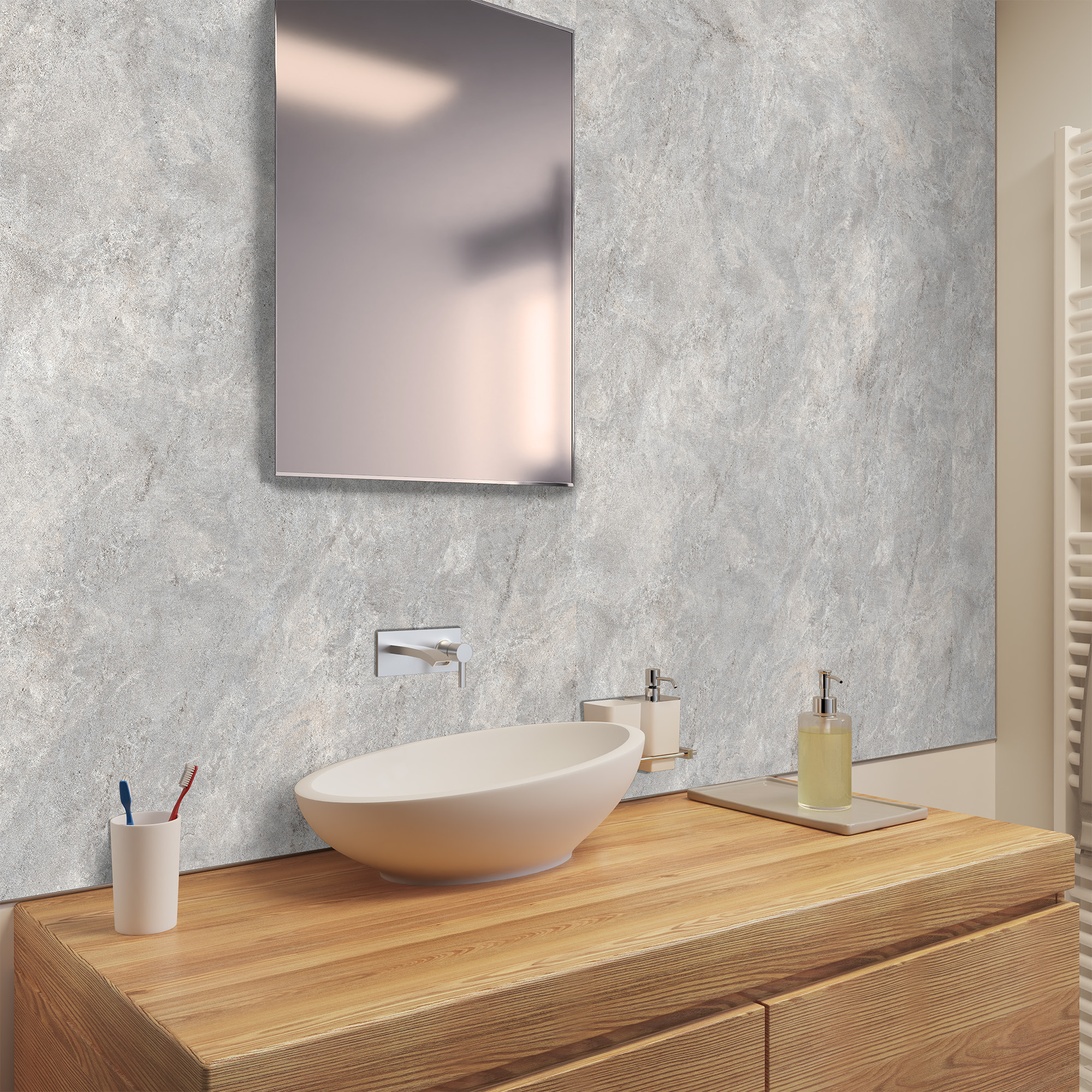 Duschrückwand Seidenmatt Naturstein silbergrau Waschtisch