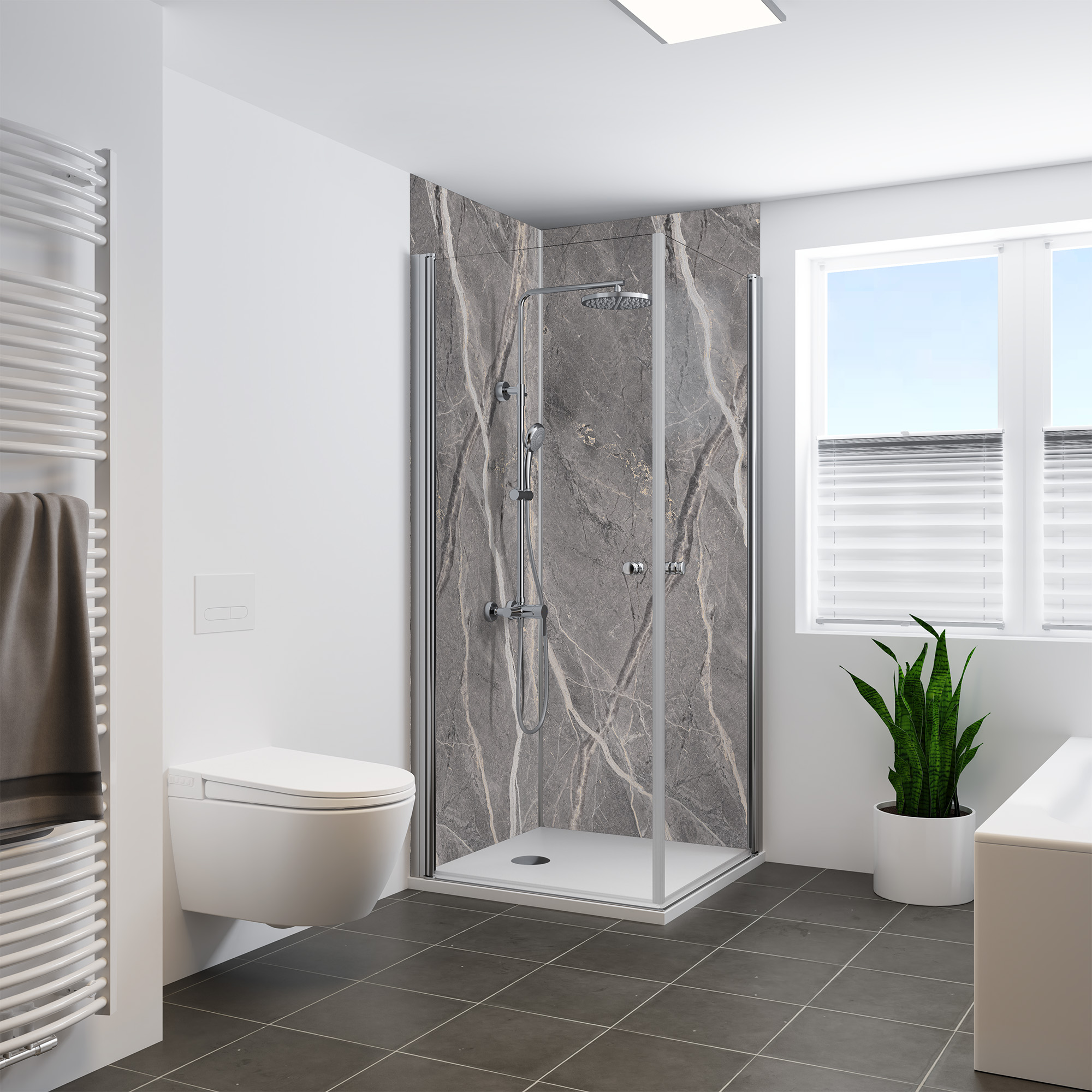 Duschrückwand Hochglanz Marmor Grau-Beige Eckeinstieg