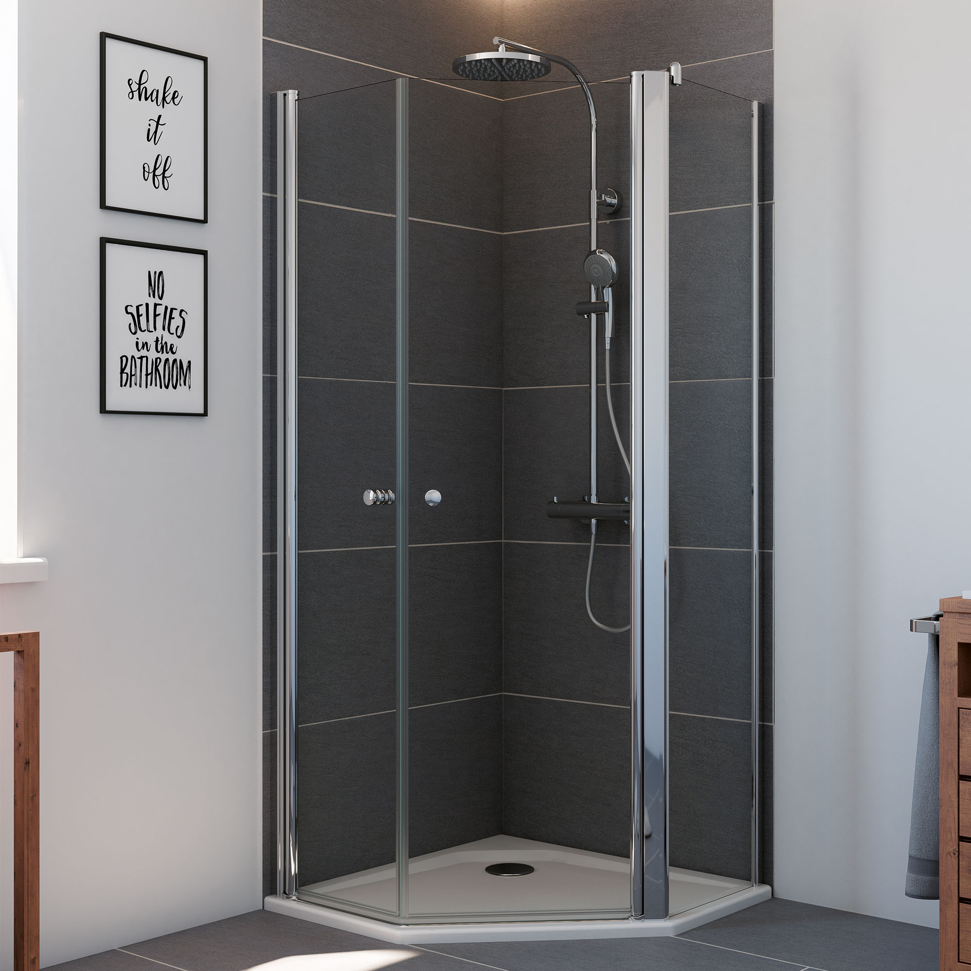 Elana 6, 5-Eck Dusche mit zwei Drehtüren und Nebenteil rechts
