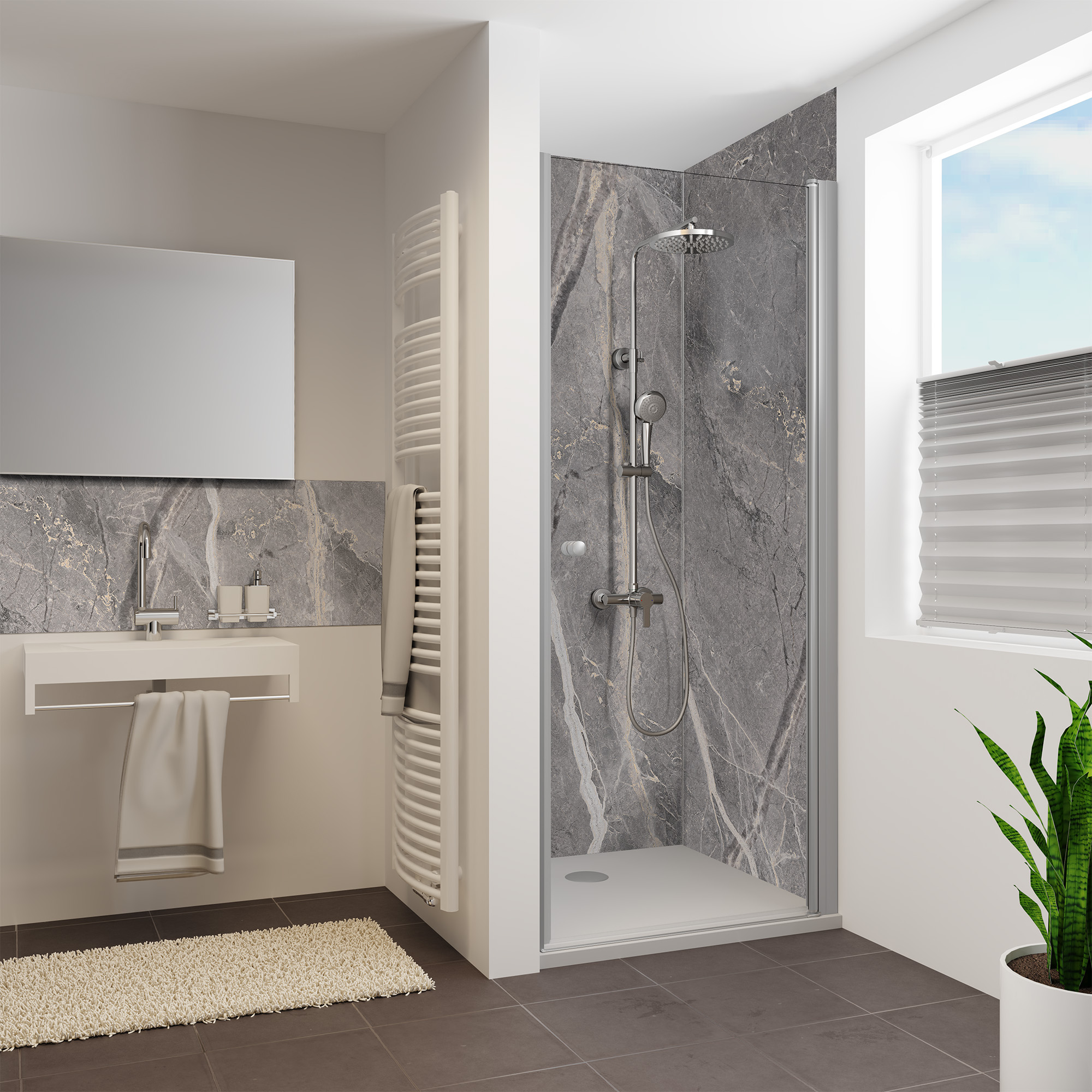 Duschrückwand Seidenmatt Marmor Grau-Beige Nische