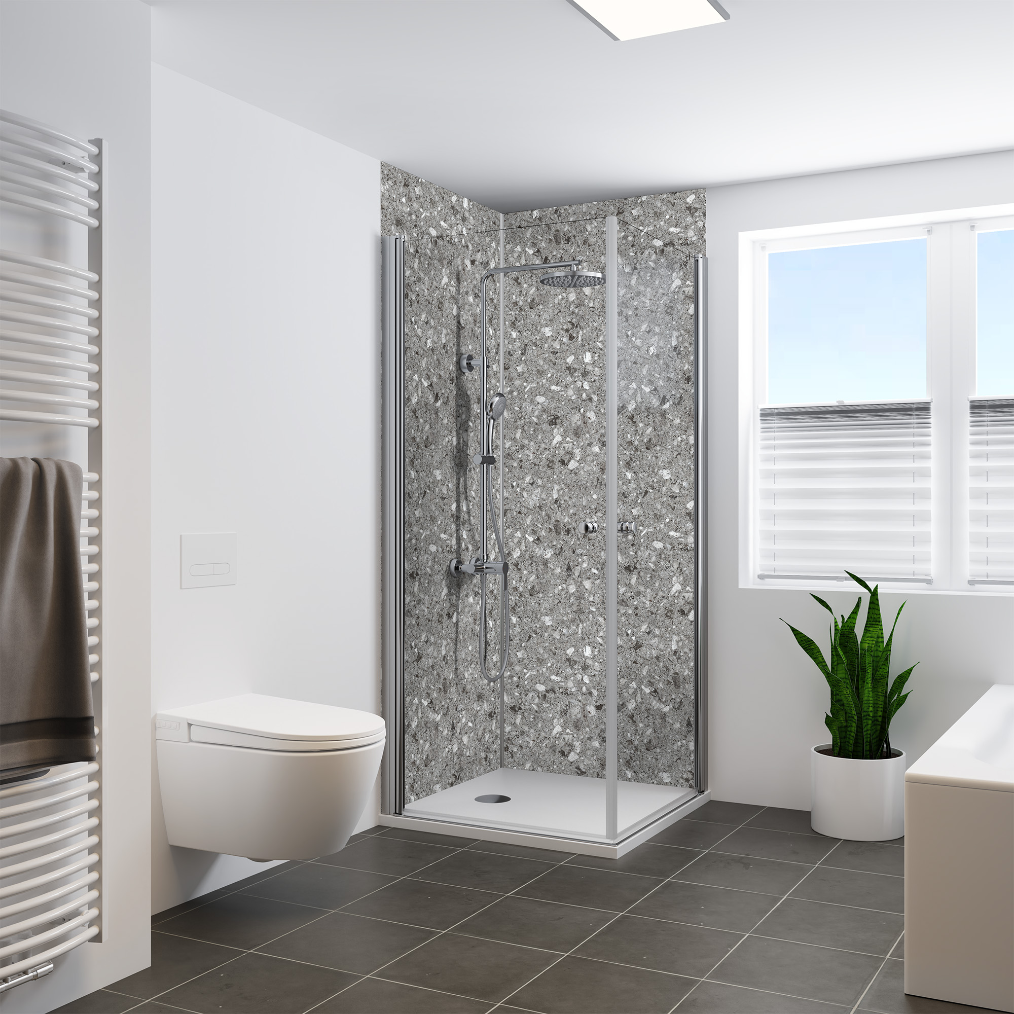 Duschrückwand Seidenmatt Terrazzo Grau Eckeinstieg