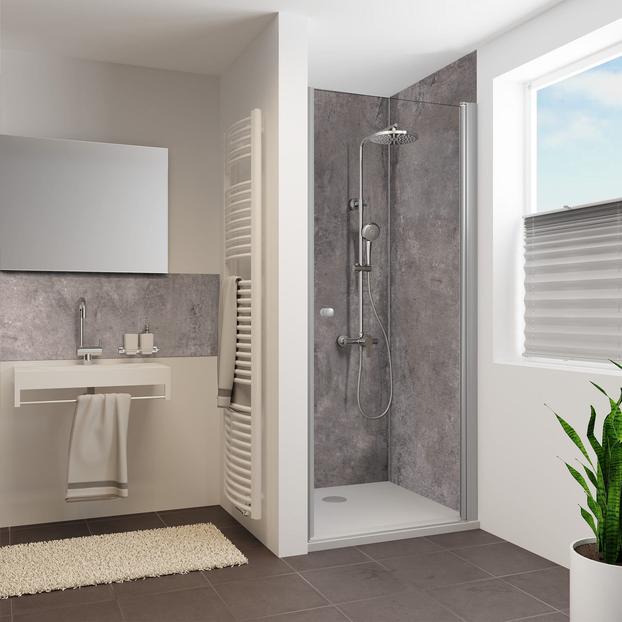 Seidenmatt Beton Rustik, Dusche in Nische