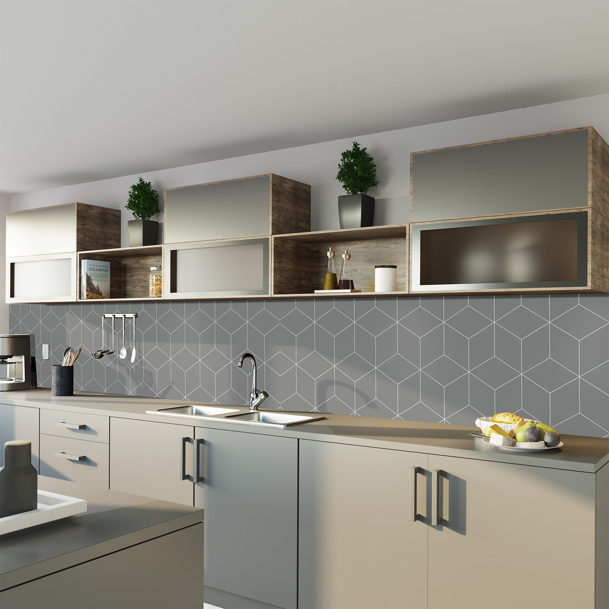 Duschrückwand Seidenmatt Hexagon Grau Küche