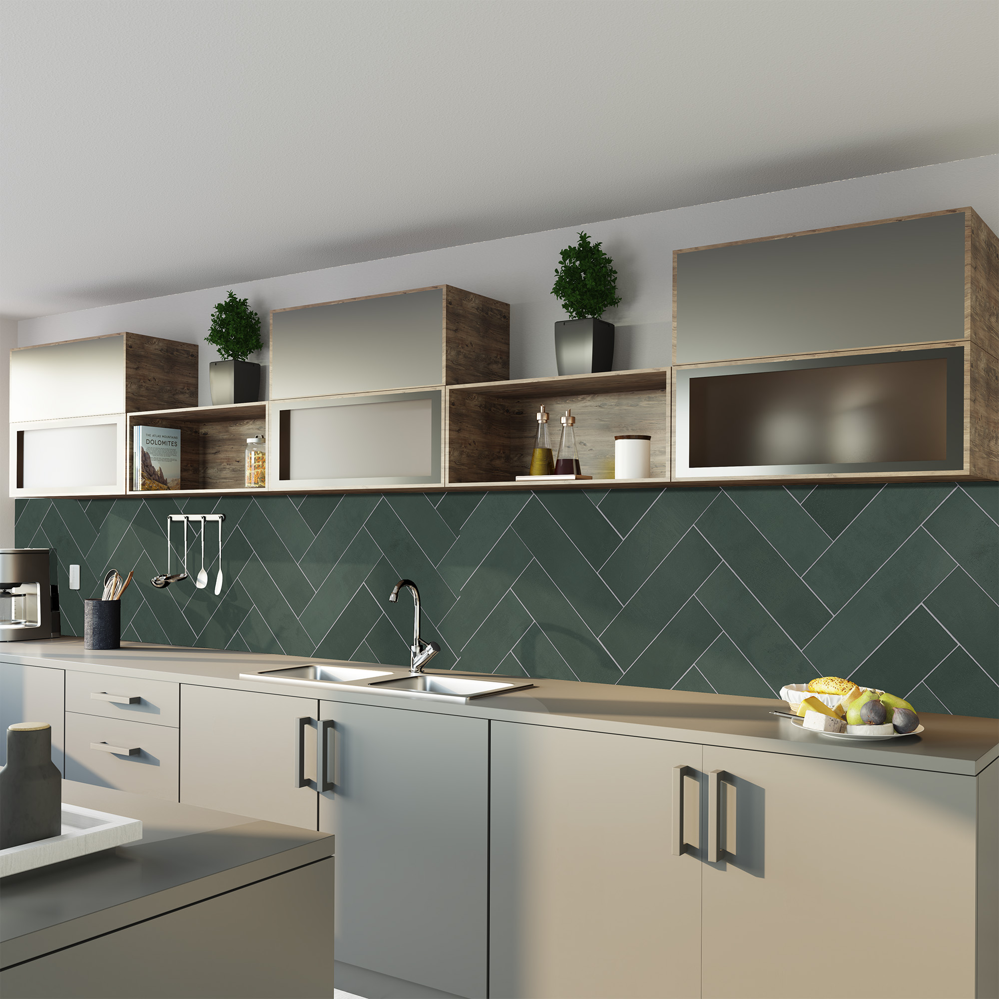 Duschrückwand Seidenmatt Fischgrät Grün Küche