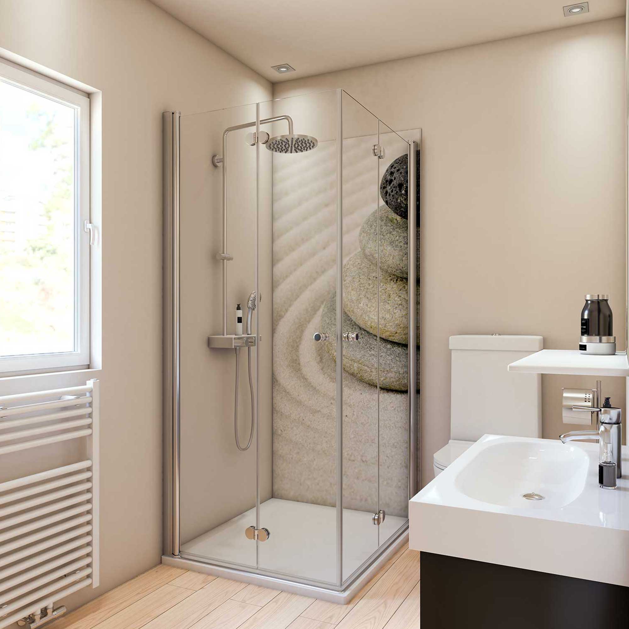 Rückwand Foto von Motiv Zen und Sand in Eckdusche