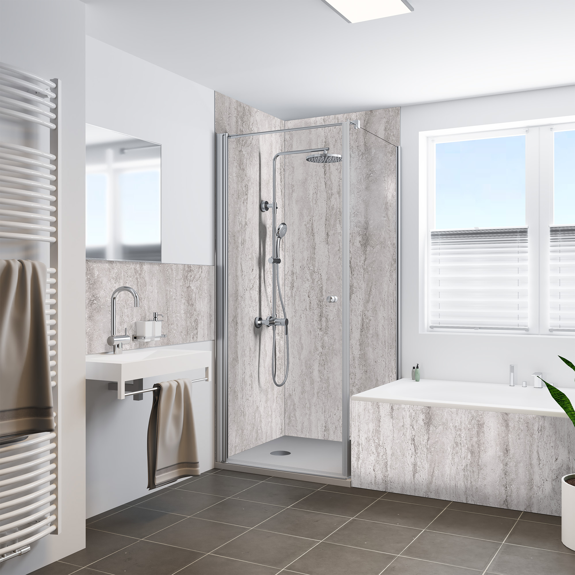 Duschrückwand Steinstruktur Travertin Grau Dusche+BSW