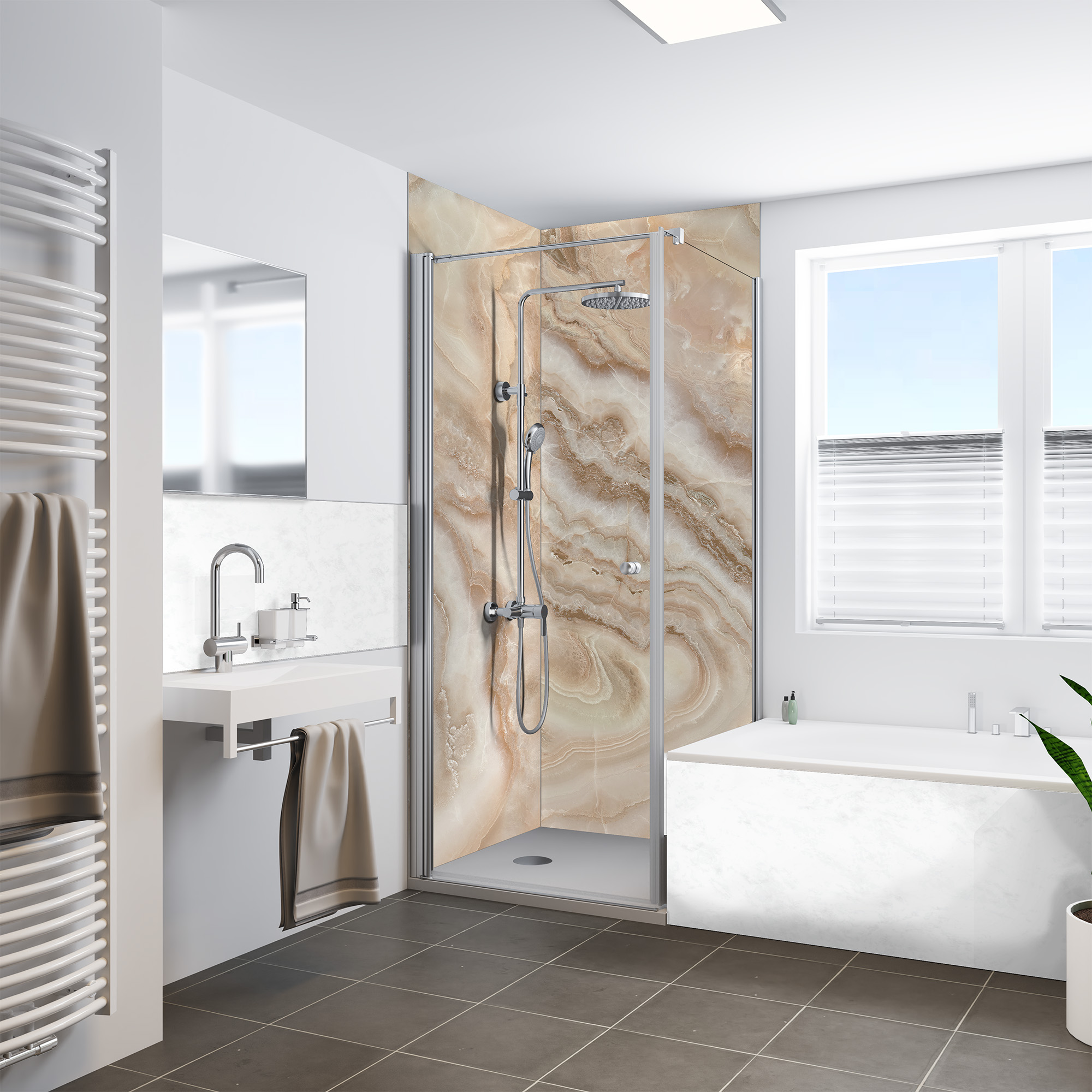 Duschrückwand Seidenmatt Marmor Beige-Weiß Dusche+BSW