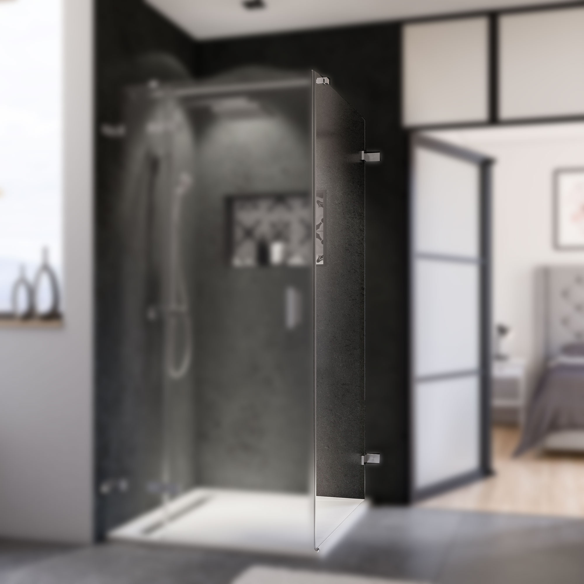 Panorama Seitenwand rechts für Drehtür mit Festteil, rahmenlos, Fokus