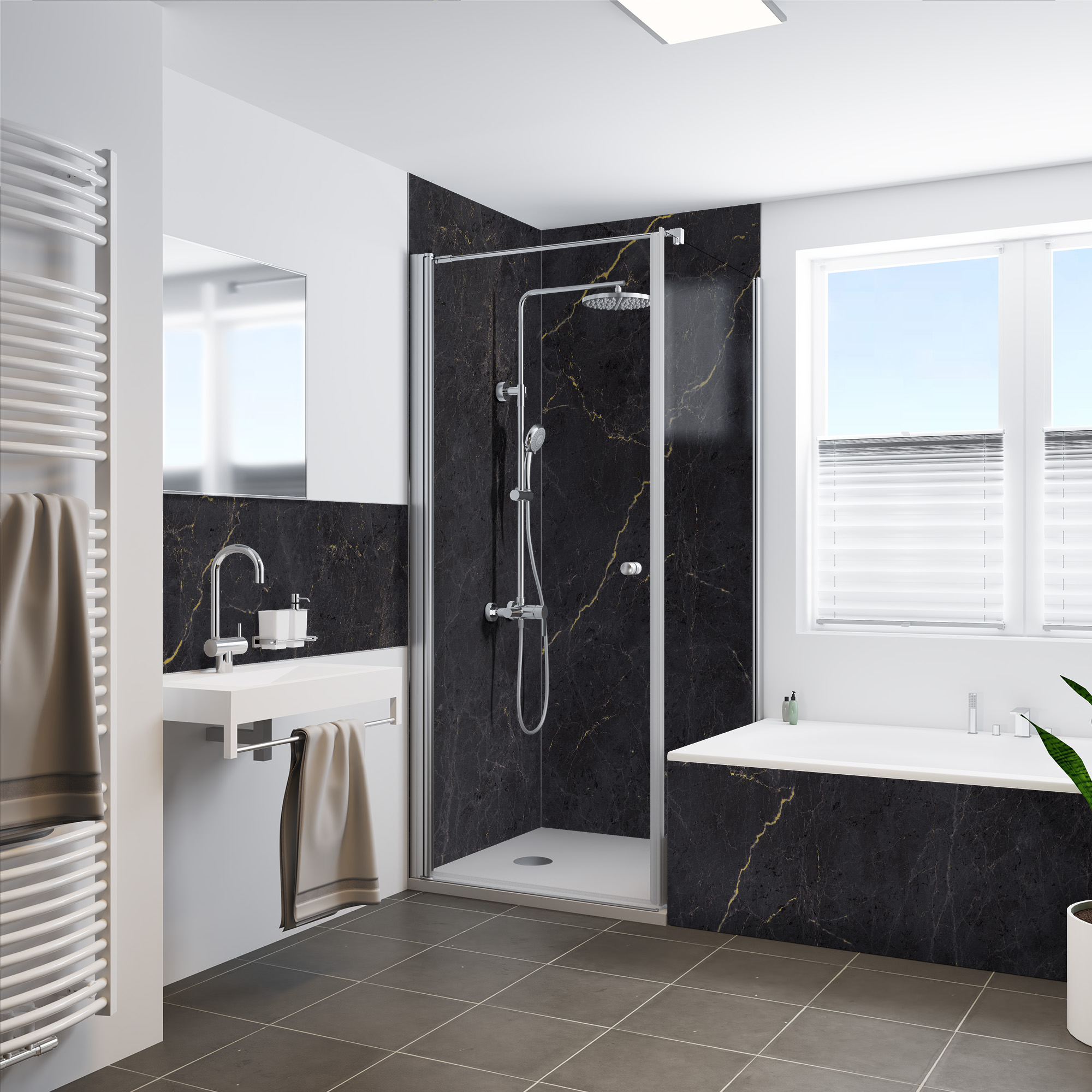 Seidenmatt Marmor Schwarz-Gold, Dusche mit Badewanne