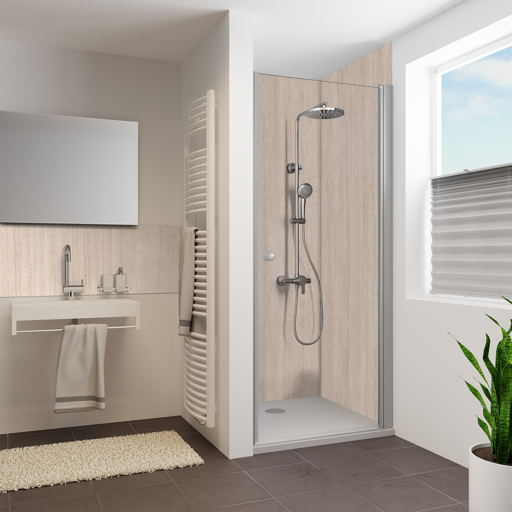 Duschrückwand Steinstruktur Travertin Sand Nische