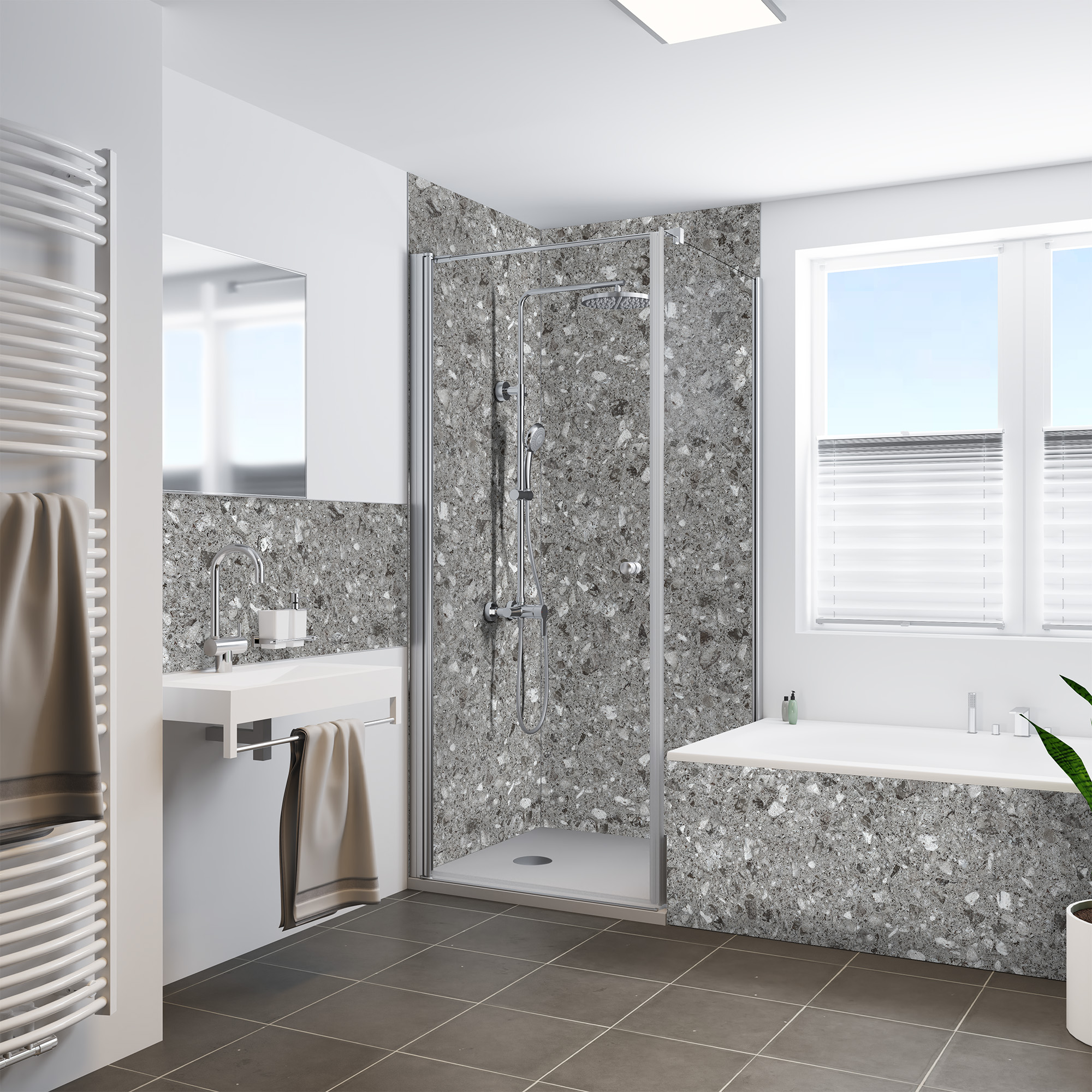 Duschrückwand Seidenmatt Terrazzo Grau Dusche+BSW
