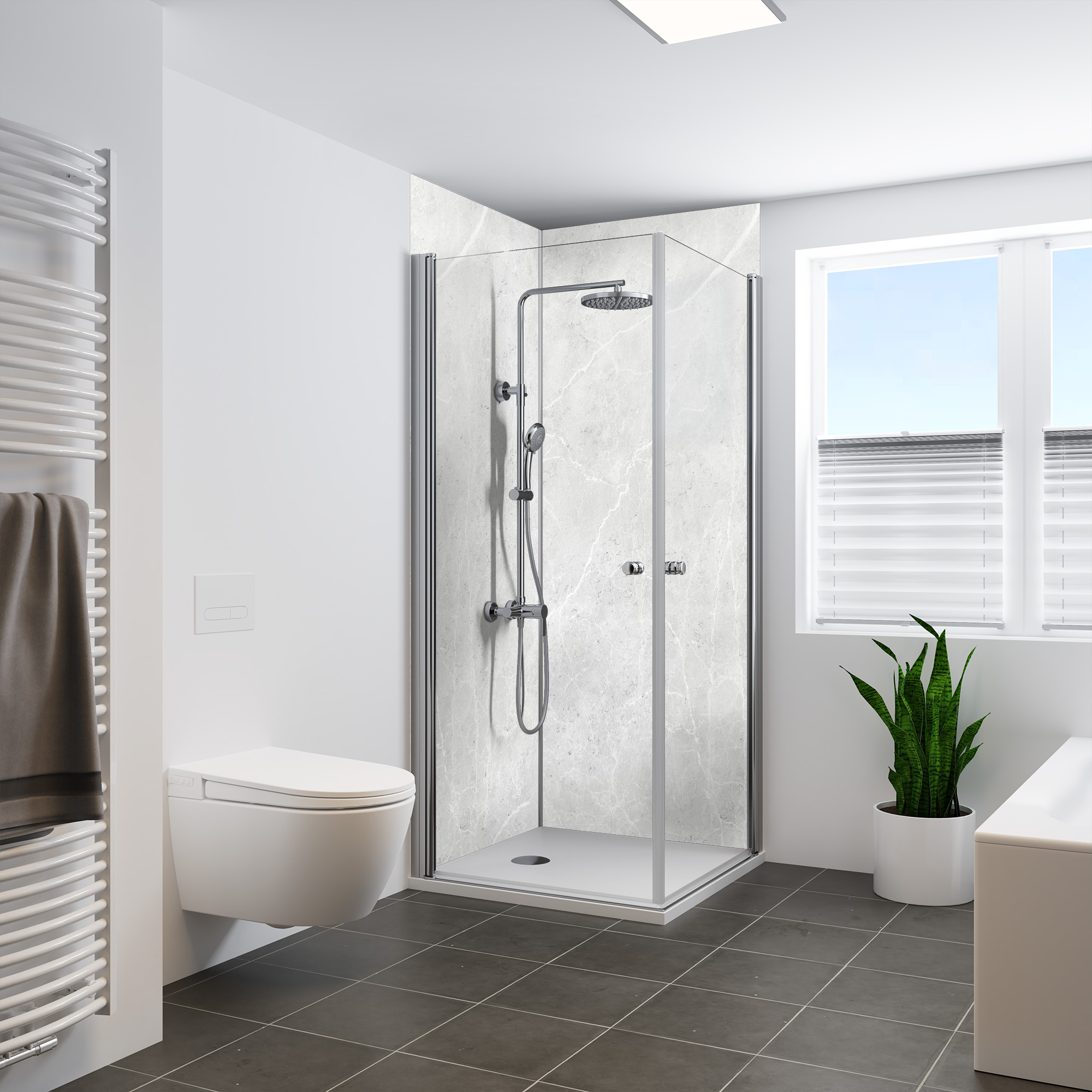 Seidenmatt Marmor Light-Grey, Dusche in Ecke