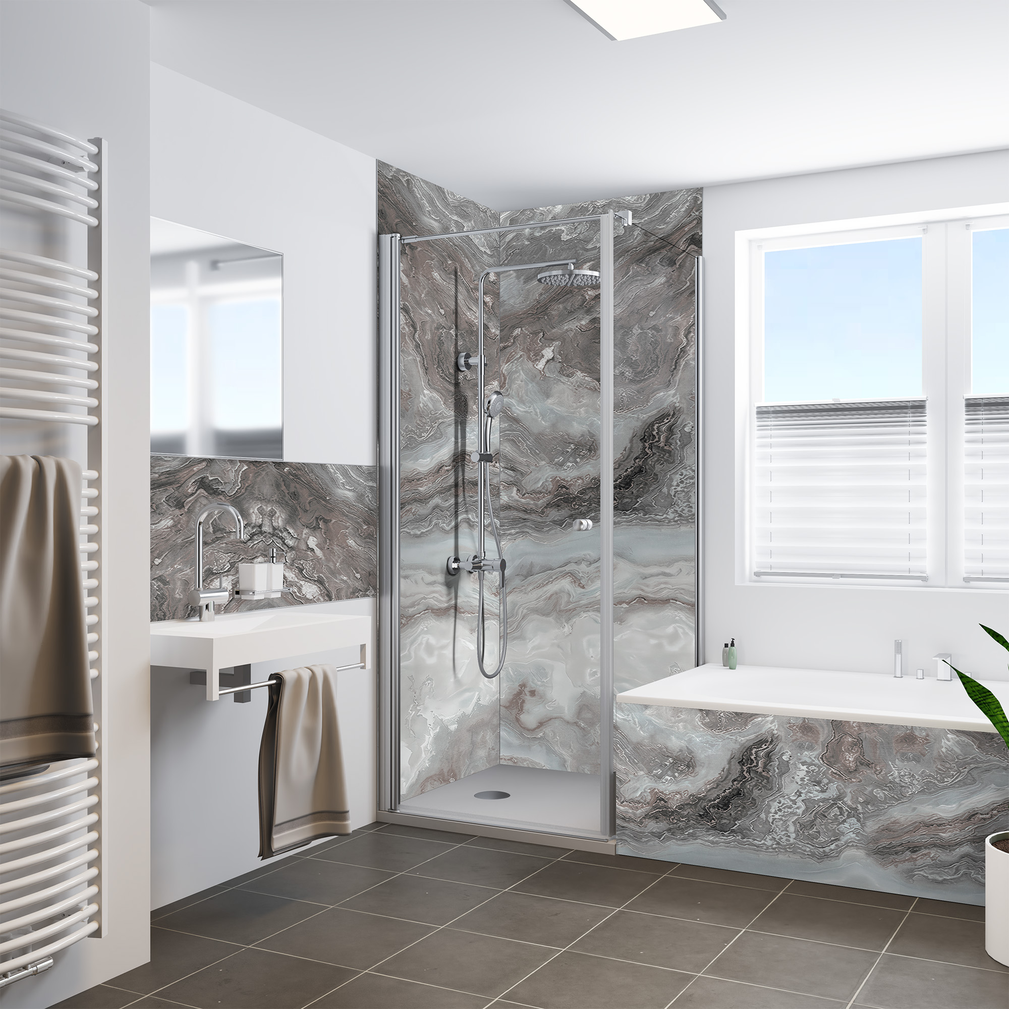 Duschrückwand Seidenmatt Marmor Achat Grau