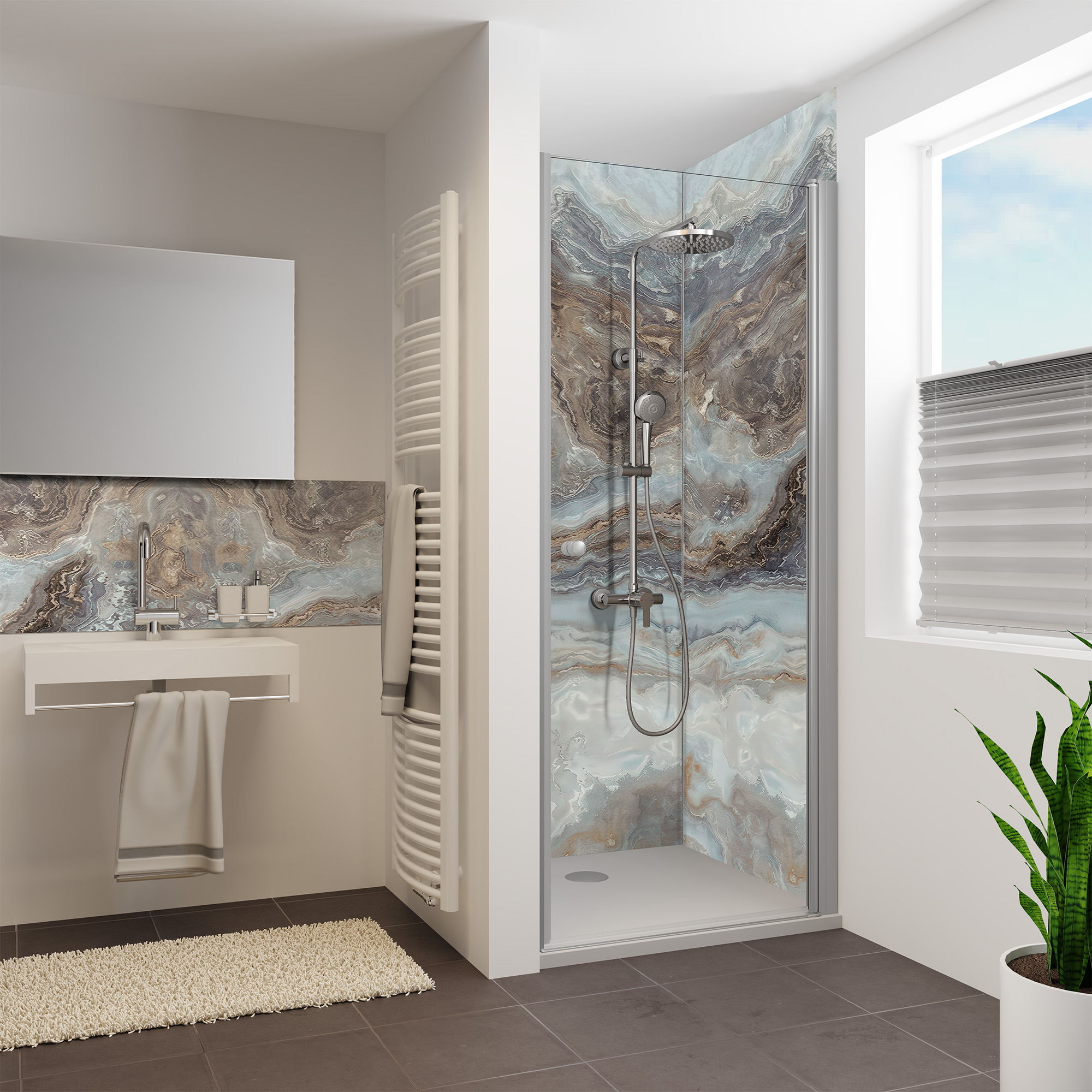 Duschrückwand Seidenmatt Marmor Achat Beige Nische